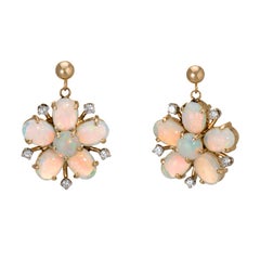 Fiery Opal Diamond Earrings Forget Me Not Vintage 14 Karat Yellow Gold Jewelry
