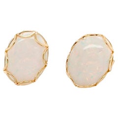 Fiery Opal Stud Earrings Pushback Oval Cabochon 14K Yellow Gold 9x7