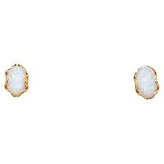 Fiery Opal Stud Earrings Pushback Oval Cabochon 14K Yellow Gold