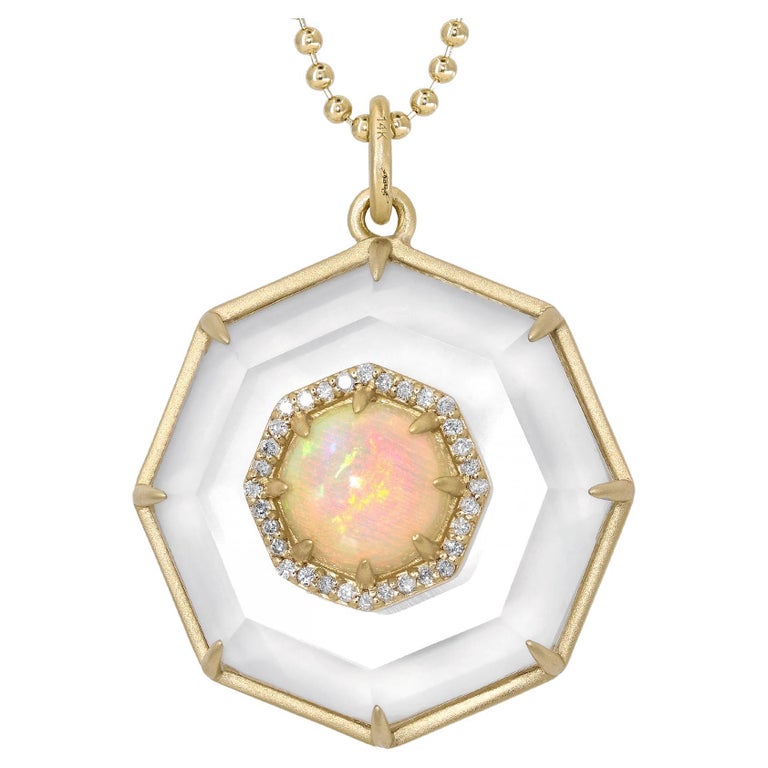 Fiery Opal White Diamond Faceted Hexagonal Rock Crystal Gold Ball Chain