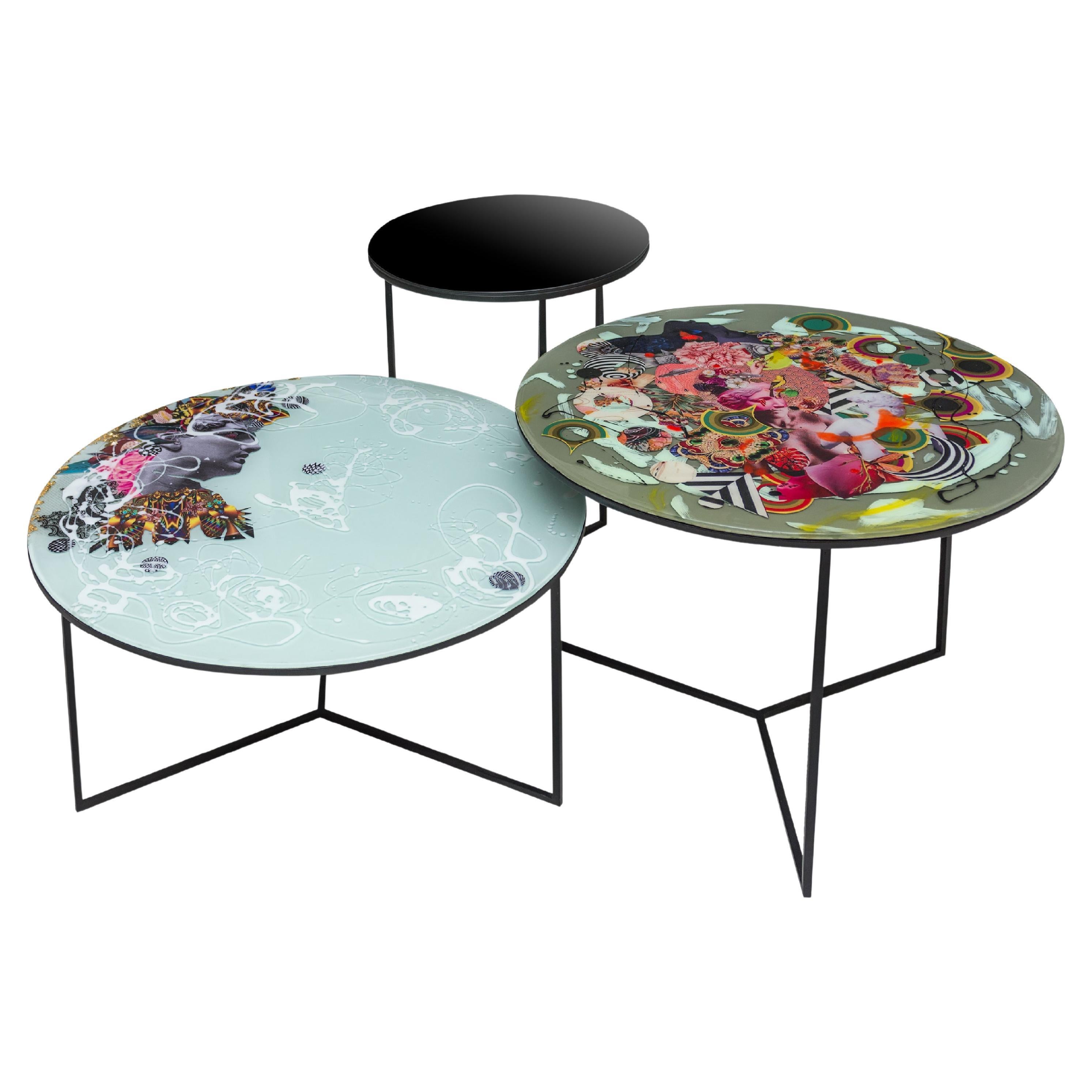 Fiesta - Black Painted Metal, Glass and Mixed Media Collage Side Table For  Sale at 1stDibs