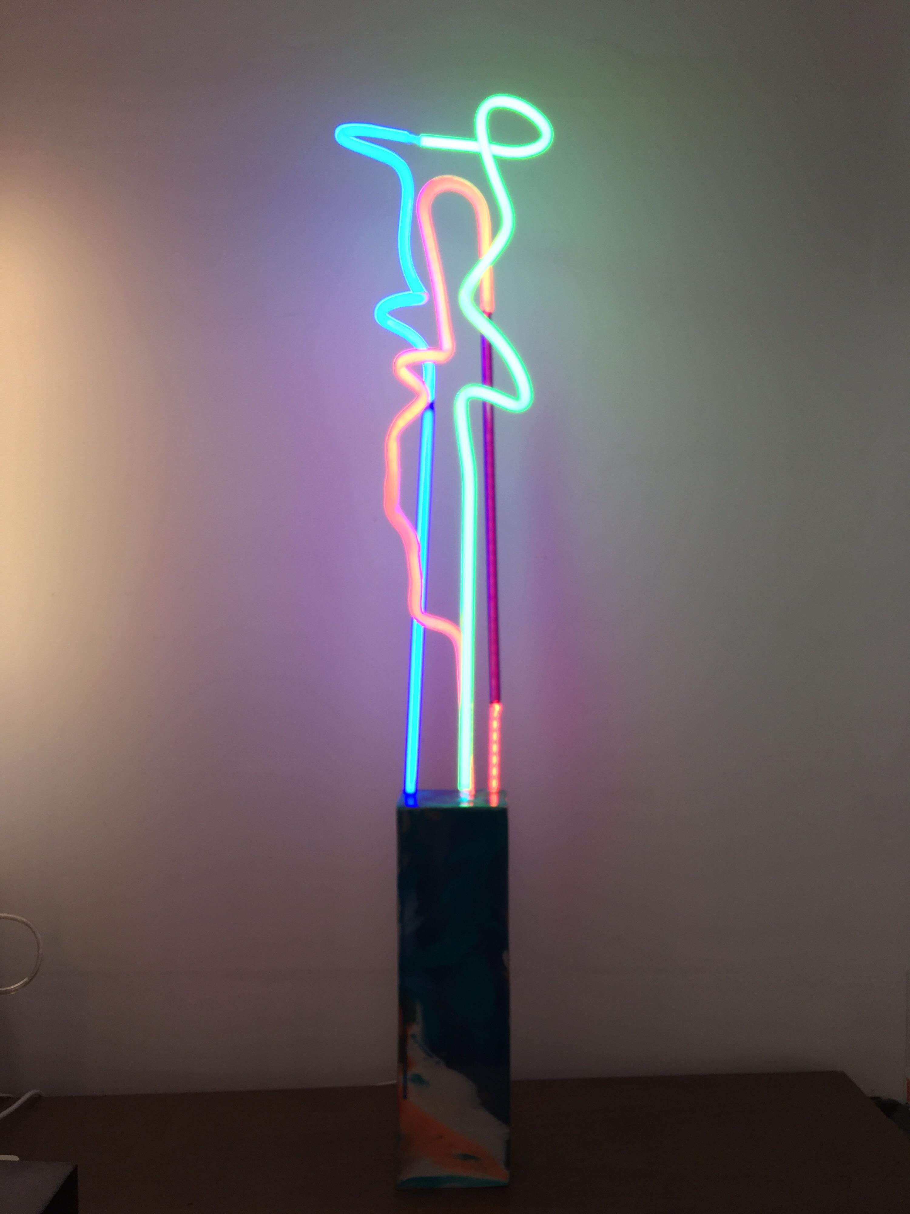 Aluminum ‘Fiesta’ Neon Table Lamp Modern Contemporary Light Sculpture Color Illustrate.  For Sale