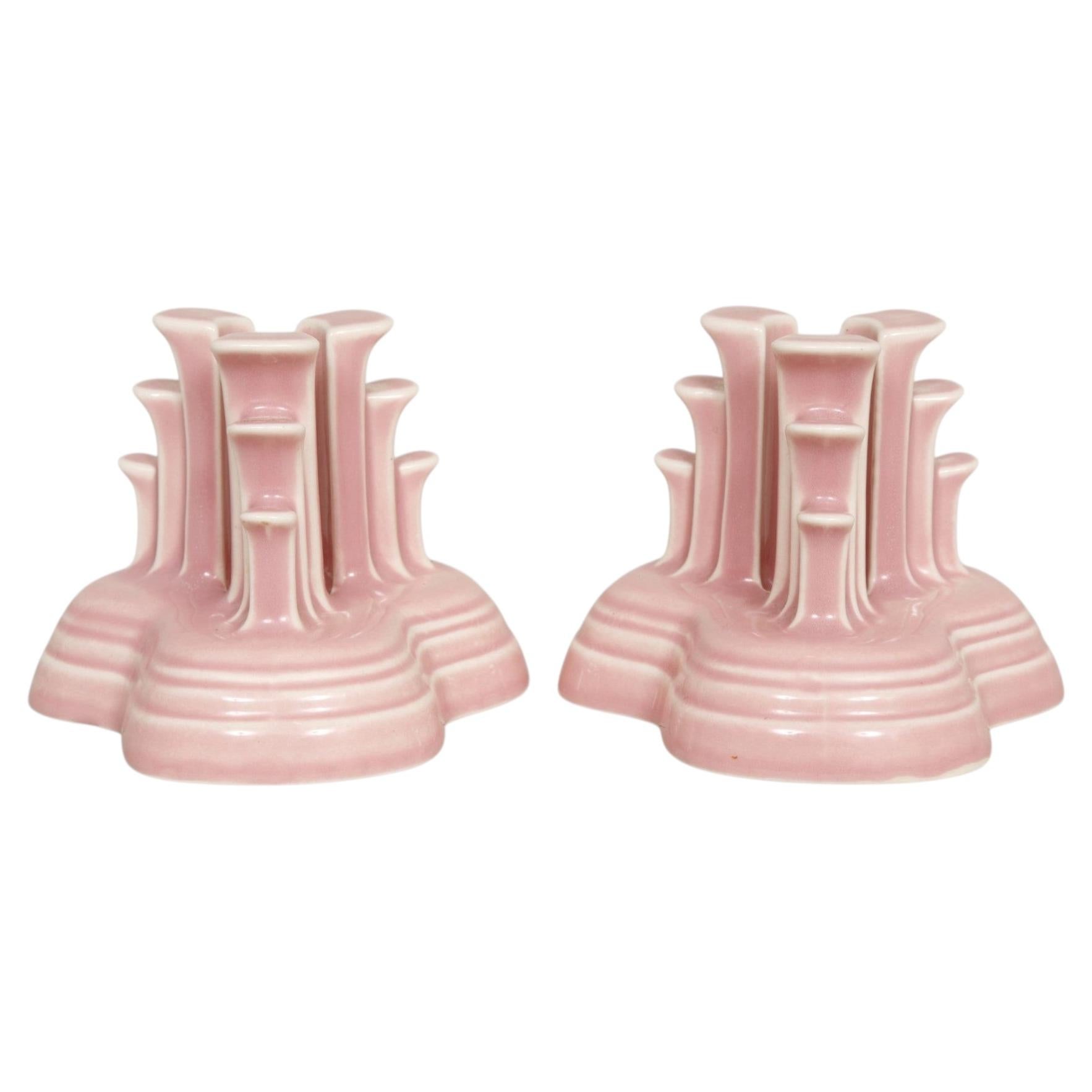 Fiesta Rose Tripod Candlestick Holders by Homer Laughlin, a Pair For Sale