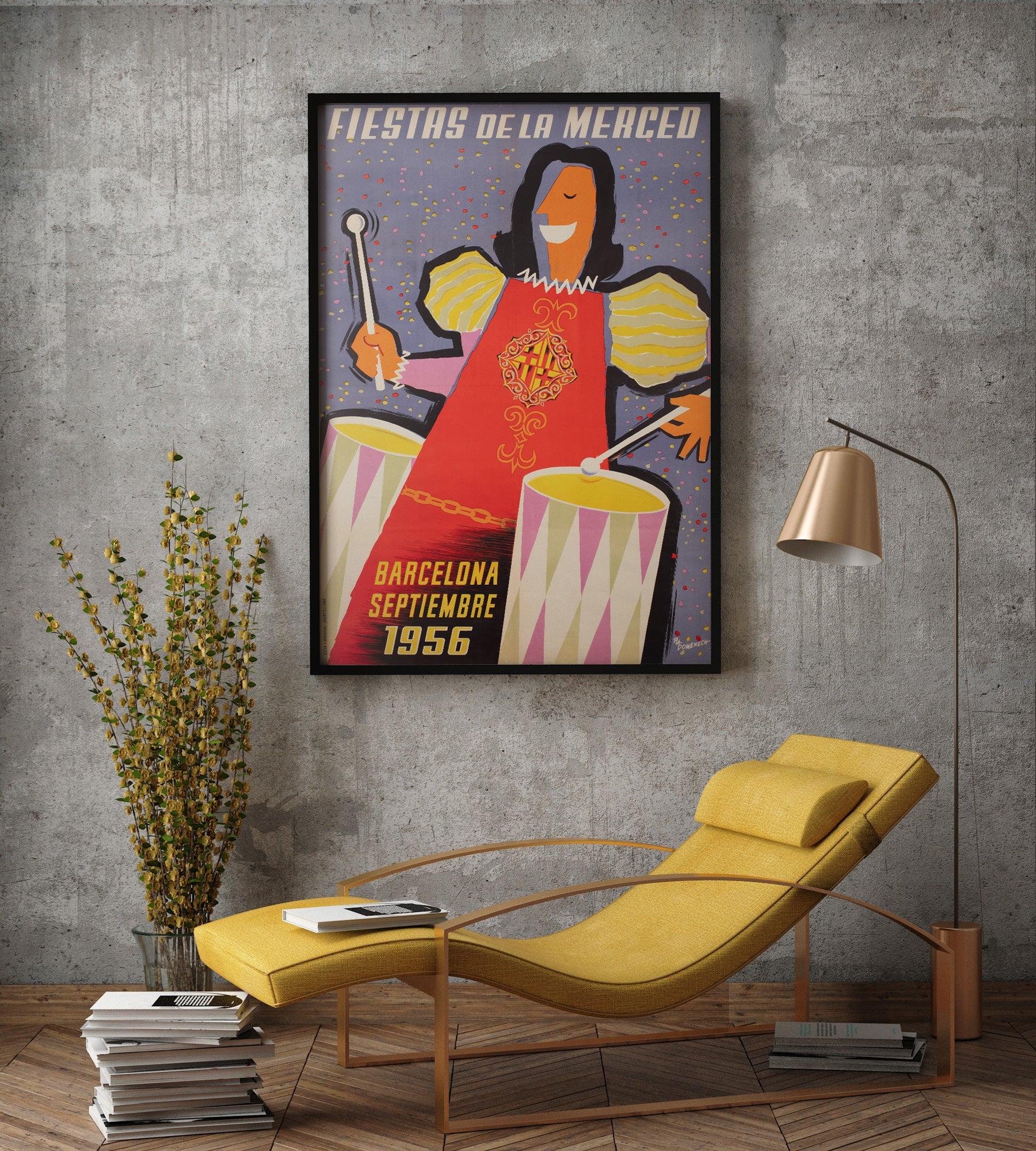 Fantastique affiche publicitaire originale des années 1950 pour le festival Barcelona Fiestas de la Merced.


La Mercè est le festival annuel de la ville de Barcelone en Catalogne, Espagne. C'est un jour férié officiel depuis 1871, lorsque le
