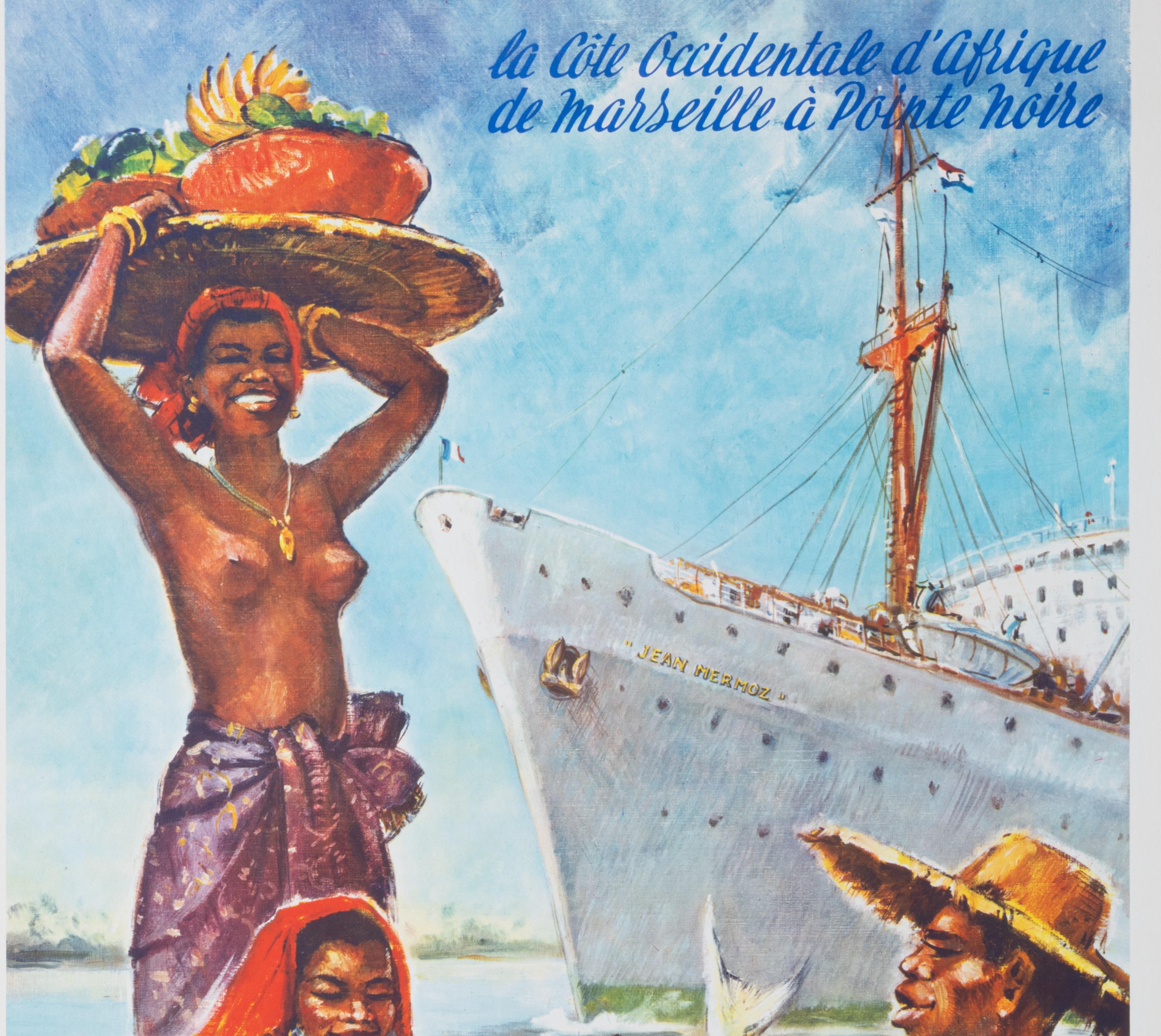 Mid-Century Modern Affiche marine d'origine, Fraissinet Cyprien Cruise Line, bateau, Afrique, 1960 en vente