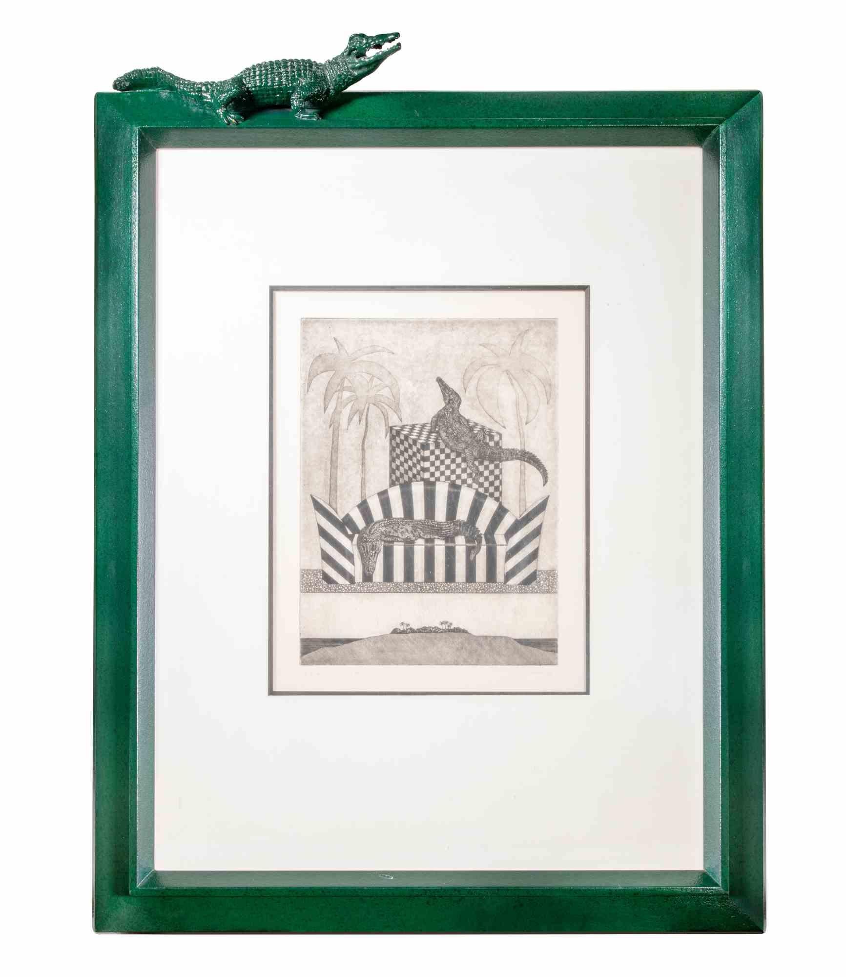 Black and white etching realized by Fofo Stricker in 1981.

Artist proof, hand signed and dated lower right.

Includes an outstanding original hand-carved frame by the Artist.