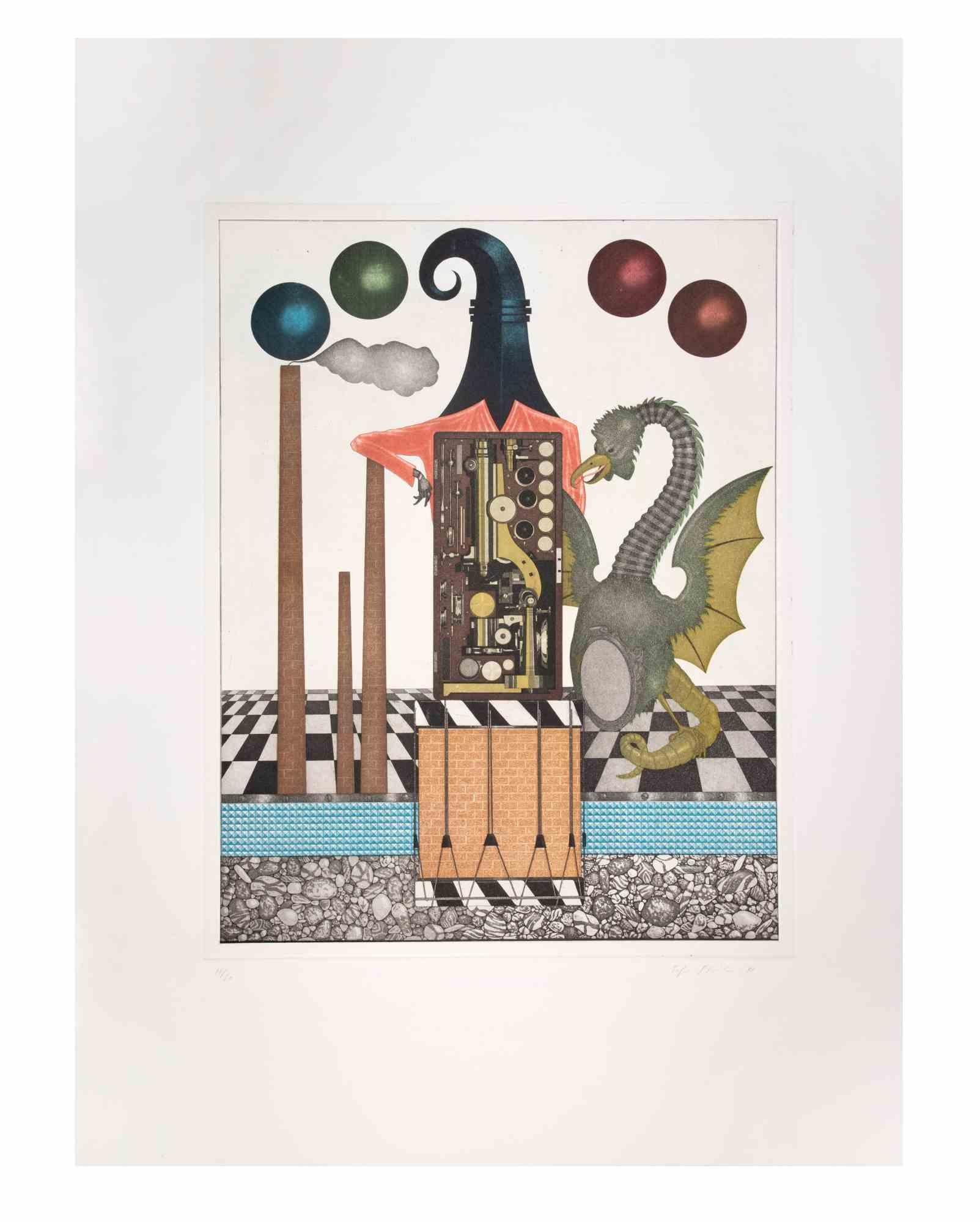 Basilisk is a contemporary artwork realized by the artist Fifo Stricker in 1985.

Mixed colored aquatint and etching. 

Hand signed and dated by the artist on the lower right margin.

Numbered on the lower left margin. Edition of