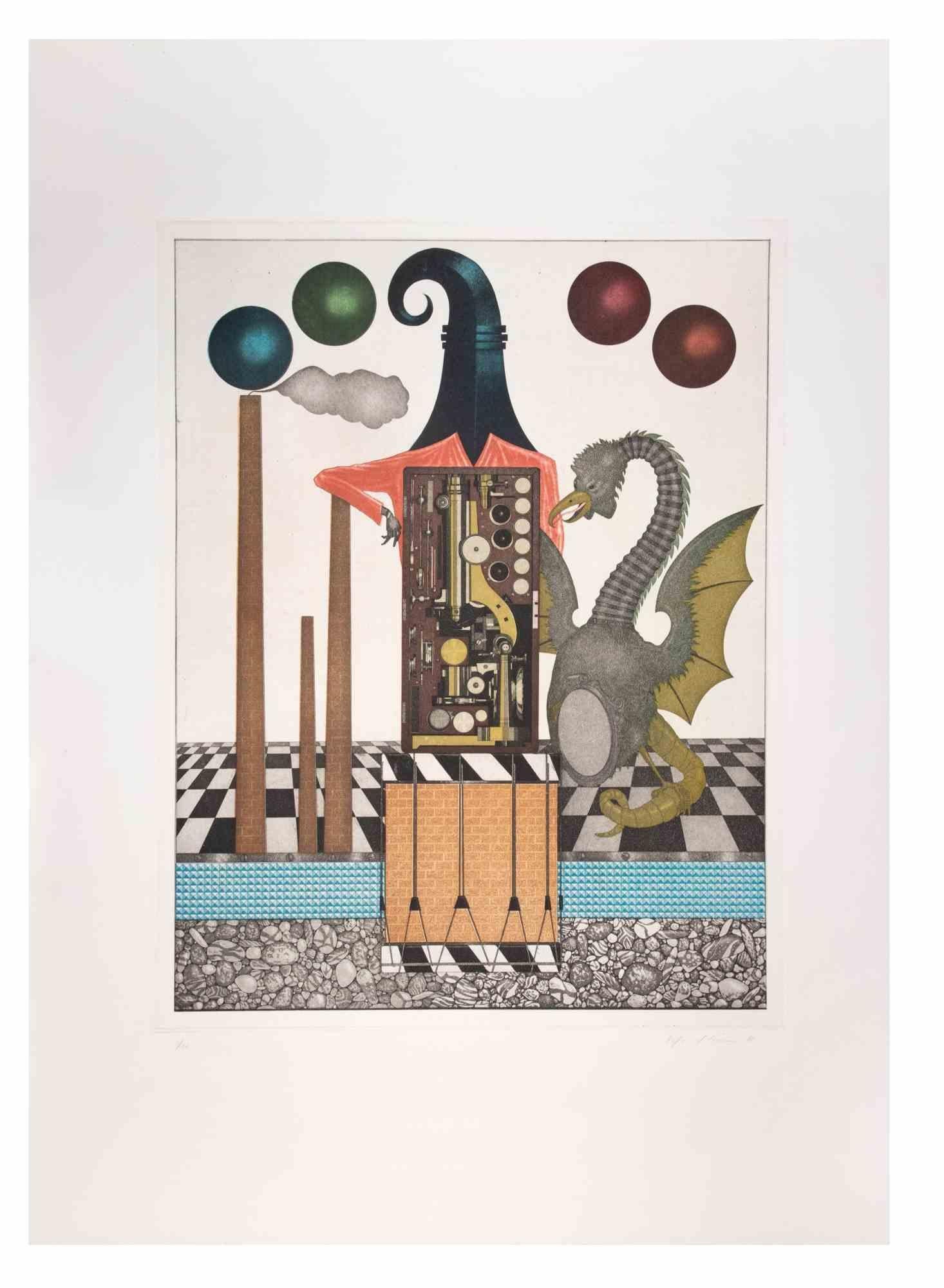 Basilisk is a contemporary artwork realized by the artist Fifo Stricker in 1985.

Mixed colored aquatint and etching. 

Hand signed and dated by the artist on the lower right margin.

Numbered on the lower left margin. Edition of