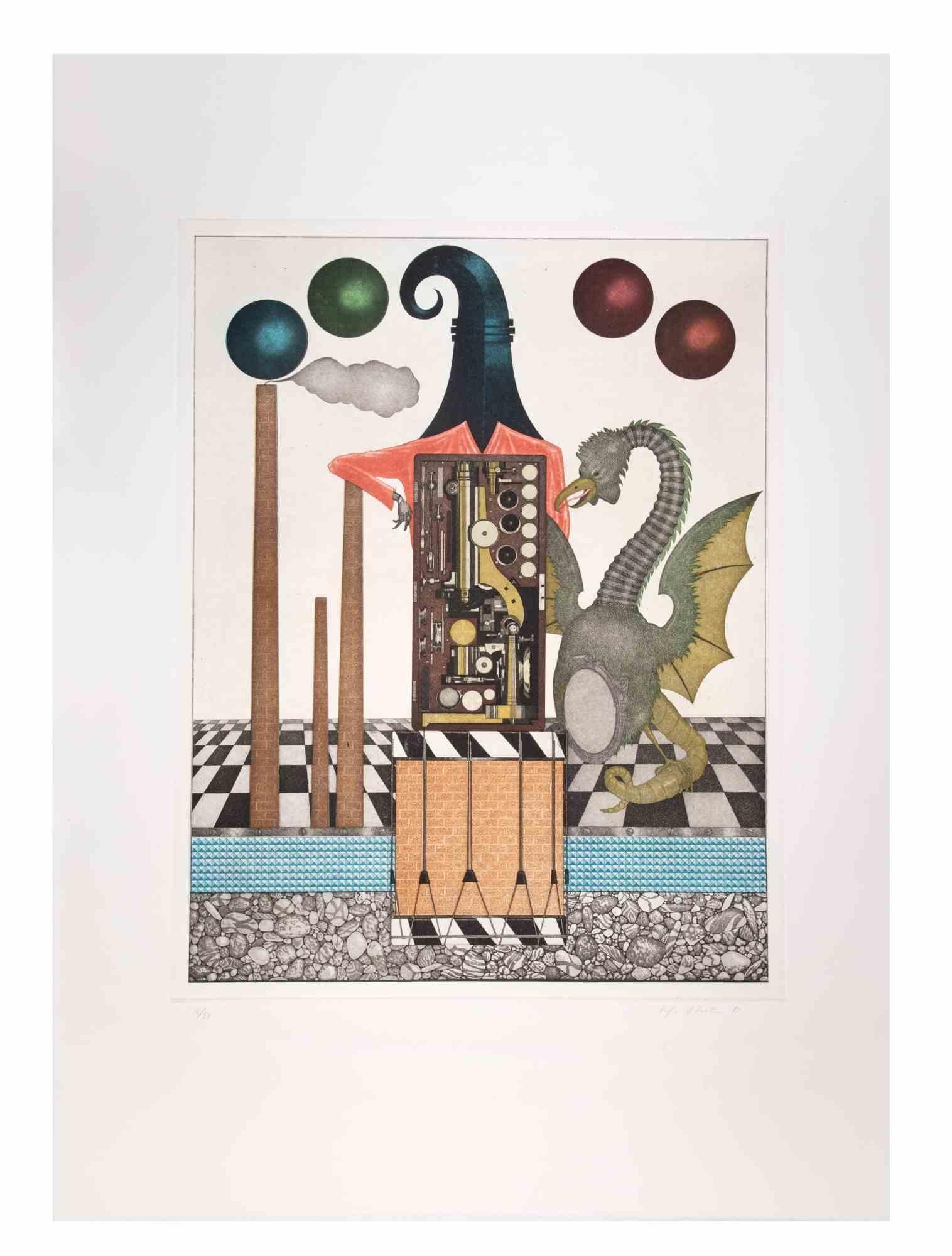 Basilisk is a contemporary artwork realized by the artist Fifo Stricker in 1985.

Mixed colored aquatint and etching. 

Hand signed and dated by the artist on the lower right margin.

Numbered on the lower left margin. Edition of