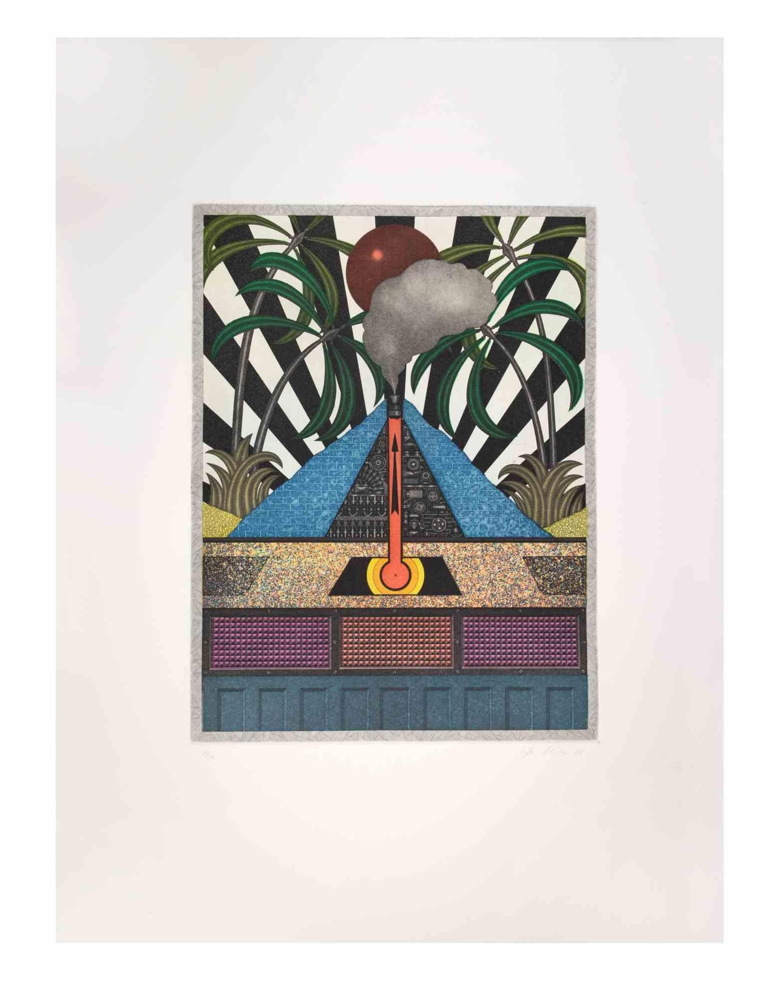Blue Volcan is a contemporary artwork realized by the artist Fifo Stricker in 1984.

Mixed colored aquatint and etching. Original title: Der Blaue Vulcan