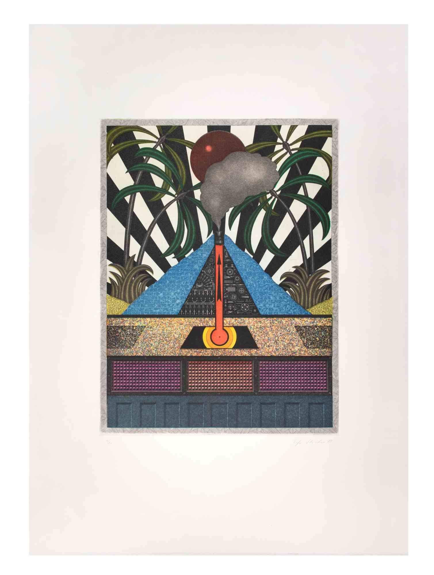 Blue Volcan is a contemporary artwork realized by the artist Fifo Stricker in 1984.

Mixed colored aquatint and etching. Original title: Der Blaue Vulcan