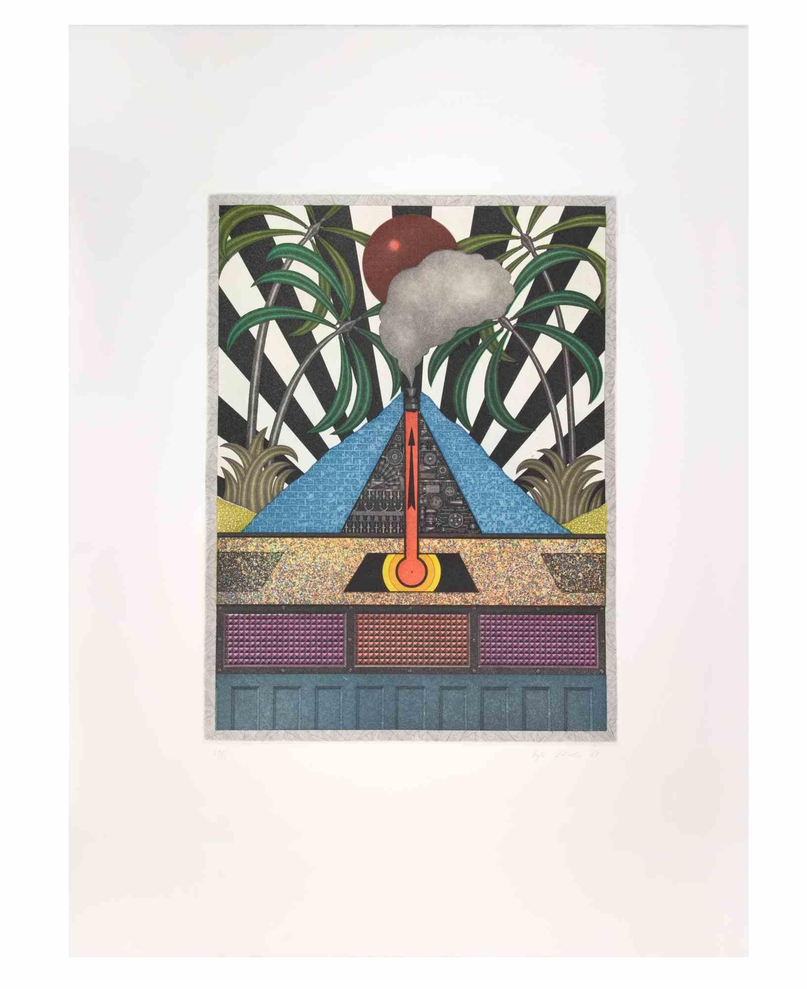 Blue Volcan is a contemporary artwork realized by the artist Fifo Stricker in 1984.

Mixed colored aquatint and etching. Original title: Der Blaue Vulcan. 

Hand-signed and dated by the artist on the lower right margin.

Numbered on the lower left
