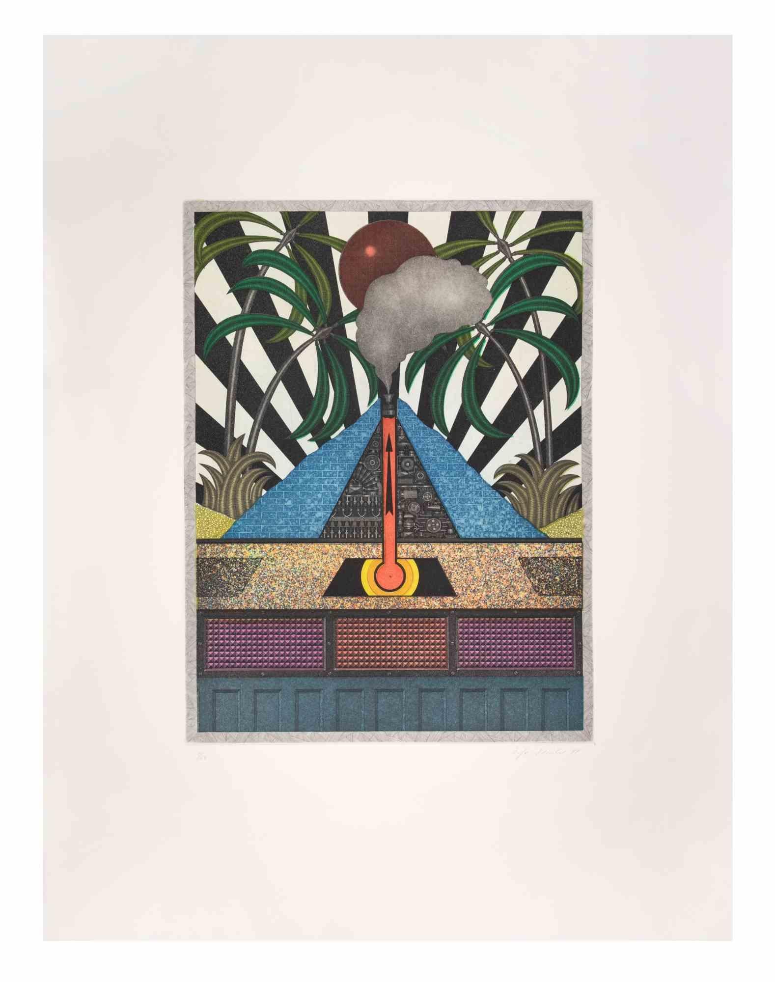 Blue Volcan is a contemporary artwork realized by the artist Fifo Stricker in 1984.

Mixed colored aquatint and etching. Original title: Der Blaue Vulcan