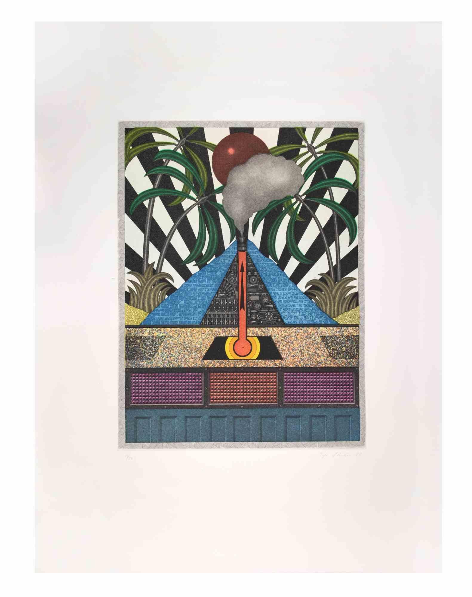 Blue Volcan is a contemporary artwork realized by the artist Fifo Stricker in 1984.

Mixed colored aquatint and etching. 
