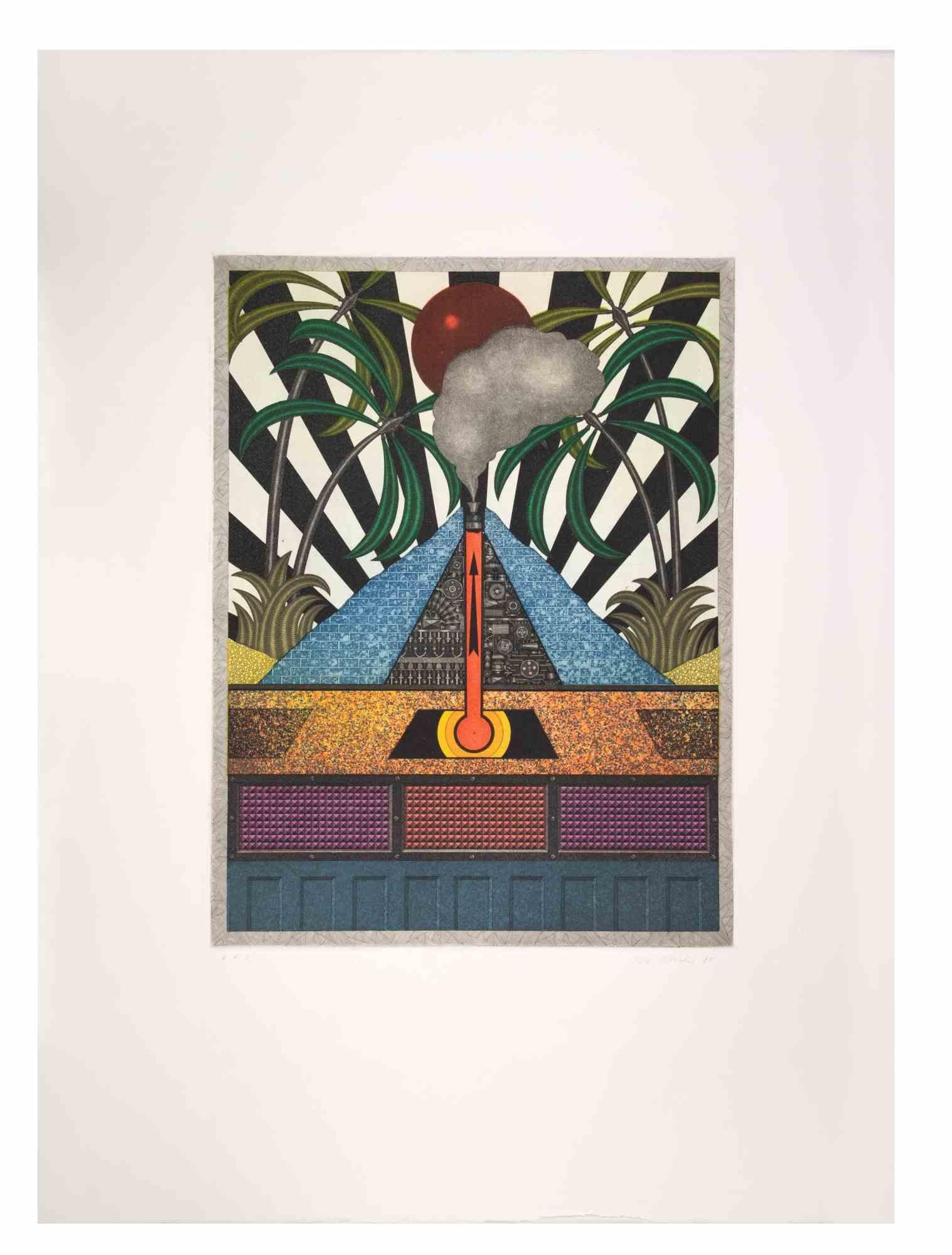 Blue Volcan is a contemporary artwork realized by the artist Fifo Stricker in 1984.

Mixed colored aquatint and etching. Original title: Der Blaue Vulcan