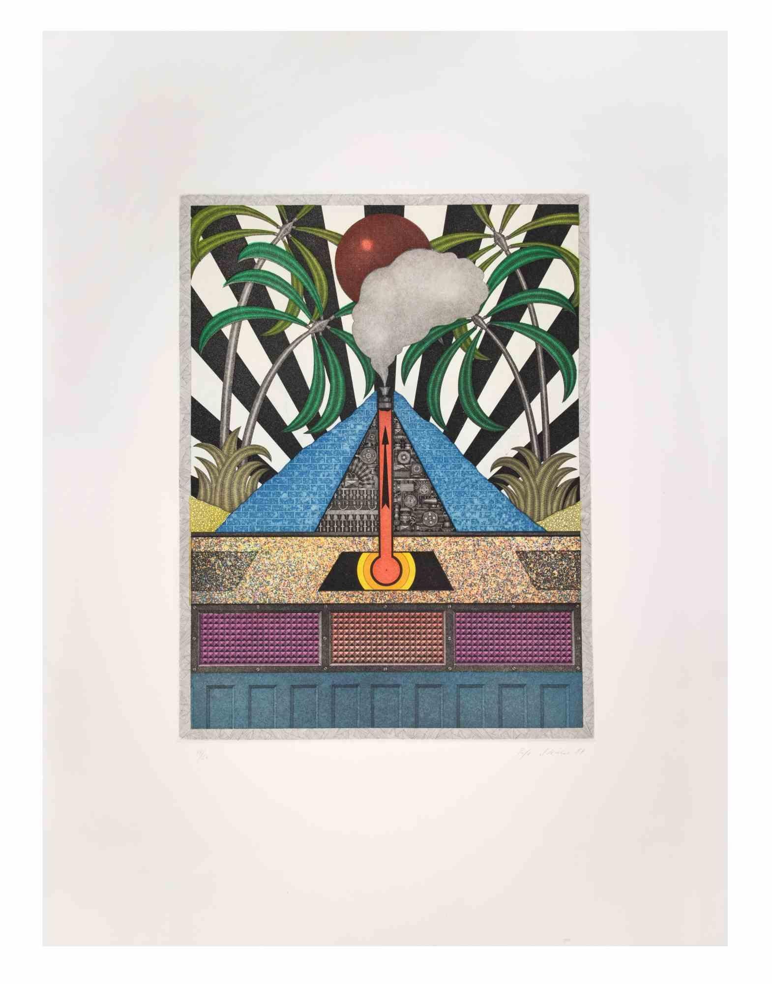 Blue Volcan is a contemporary artwork realized by the artist Fifo Stricker in 1984.

Mixed colored aquatint and etching. Original title: Der Blaue Vulcan

Hand signed and dated by the artist on the lower right margin.

Numbered on the lower left