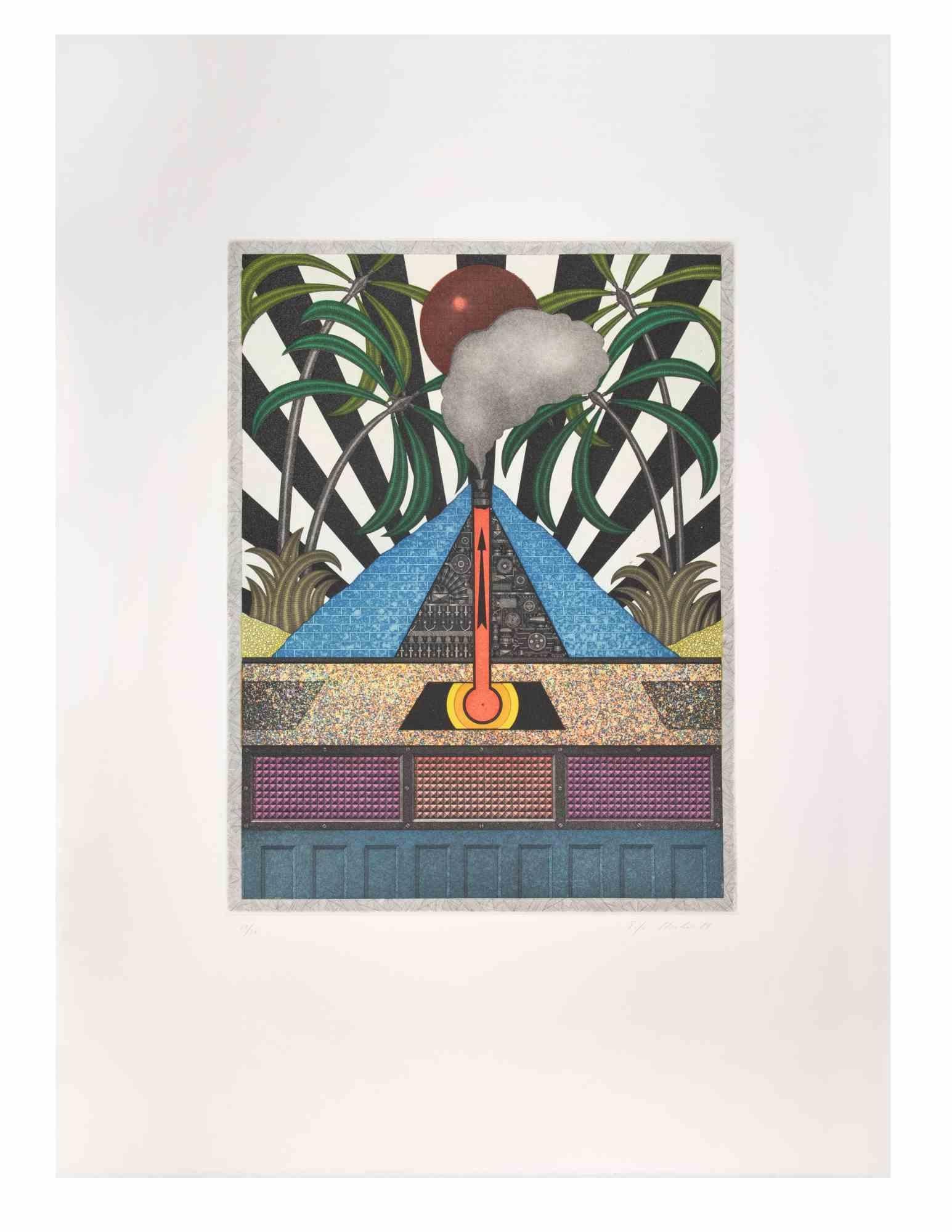 Blue Volcan is a contemporary artwork realized by the artist Fifo Stricker in 1984.

Mixed colored aquatint and etching. Original title: Der Blaue Vulcan

Hand signed and dated by the artist on the lower right margin.

Numbered on the lower left