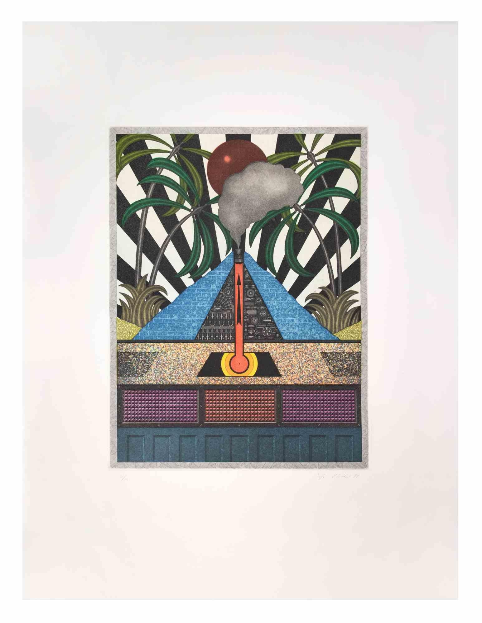 Blue Volcan is a contemporary artwork realized by the artist Fifo Stricker in 1984.

Mixed colored aquatint and etching. Original title: Der Blaue Vulcan

Hand signed and dated by the artist on the lower right margin.

Numbered on the lower left