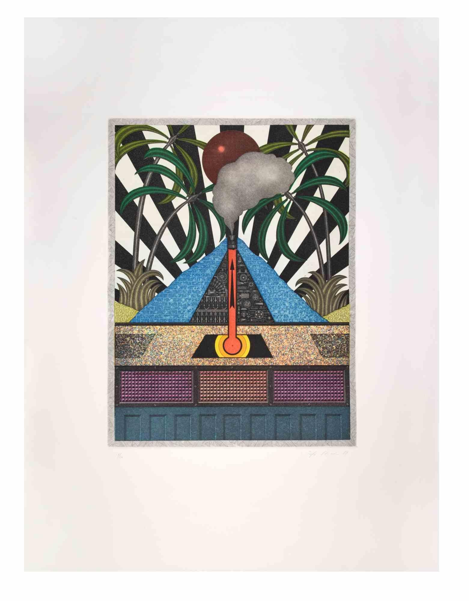 Blue Volcan is a contemporary artwork realized by the artist Fifo Stricker in 1984.

Mixed colored aquatint and etching. Original title: Der Blaue Vulcan

Hand signed and dated by the artist on the lower right margin.

Numbered on the lower left