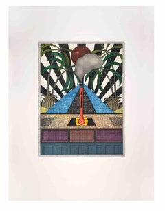 Volcan bleu - Aquatinte et gravure de Fifo Stricker - 1984