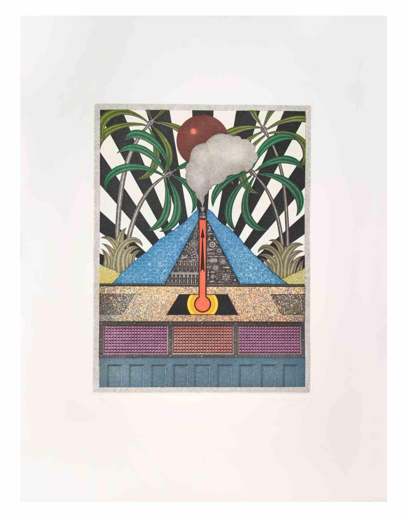 Blue Volcan is a contemporary artwork realized by the artist Fifo Stricker in 1984.

Mixed colored aquatint and etching. Original title: Der Blaue Vulcan

Hand signed by the artist on the lower right margin.

Numbered on the lower left marging.
