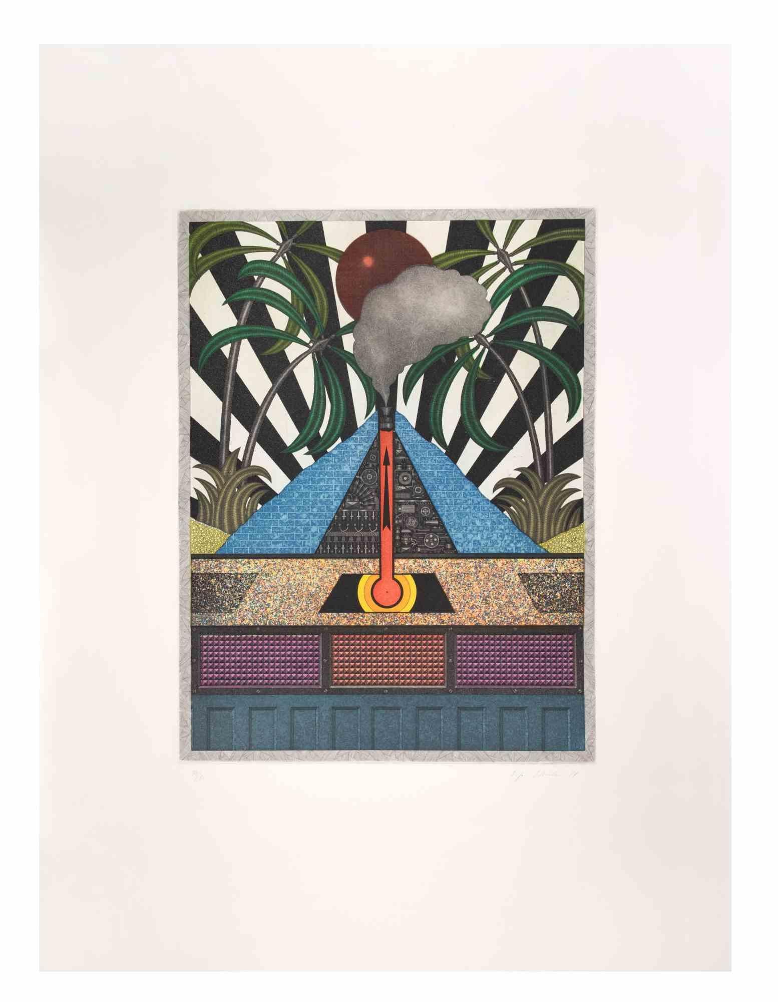 Blue Volcan - Aquatint and Etching by Fifo Stricker - 1984