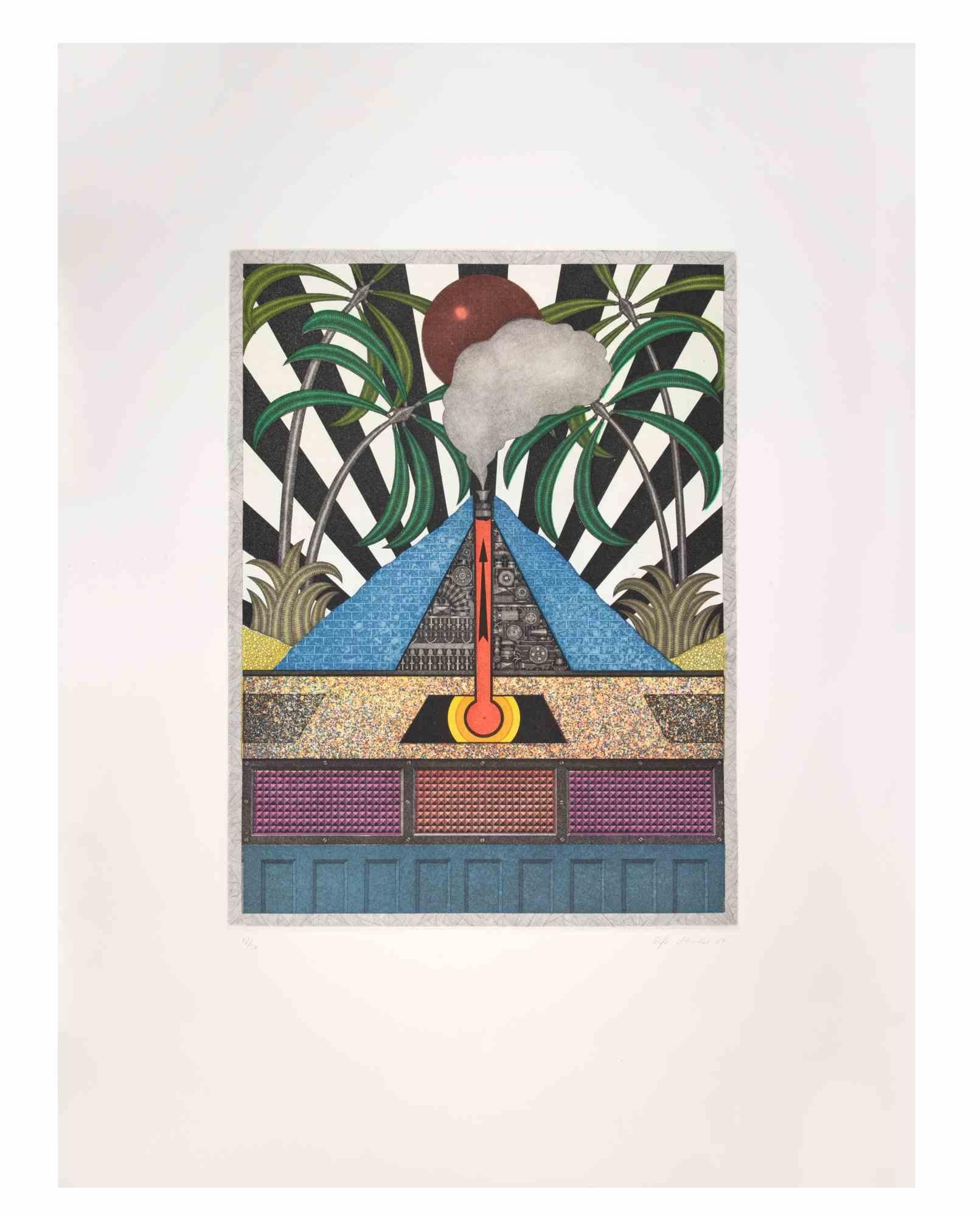 Blue Volcan ist ein zeitgenössisches Kunstwerk des Künstlers Fifo Stricker aus dem Jahr 1984.

Gemischte farbige Aquatinta und Radierung. Originaltitel: Der Blaue Vulkan

Vom Künstler am rechten unteren Rand handsigniert und datiert.

Am unteren