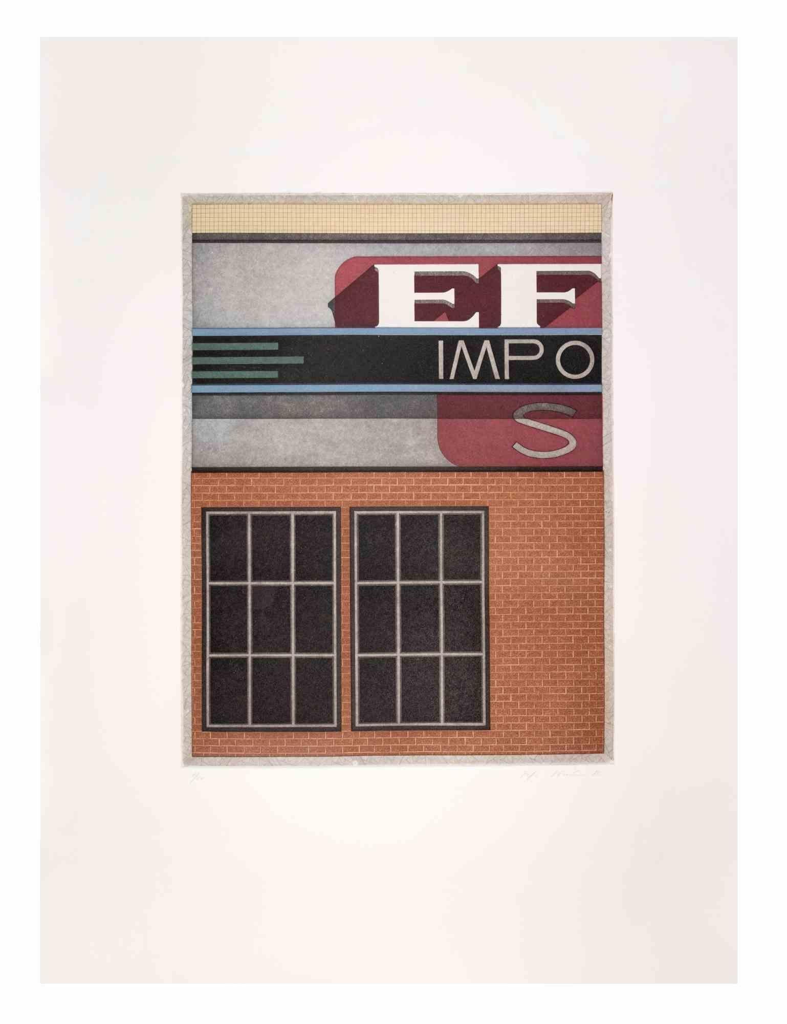 Garage Impo is a contemporary artwork realized by the artist Fifo Stricker in 1982.

Mixed colored aquatint and etching. 

Hand signed and dated by the artist on the lower right margin.

Numbered on the lower left margin. Edition of 11/50.

Fifo