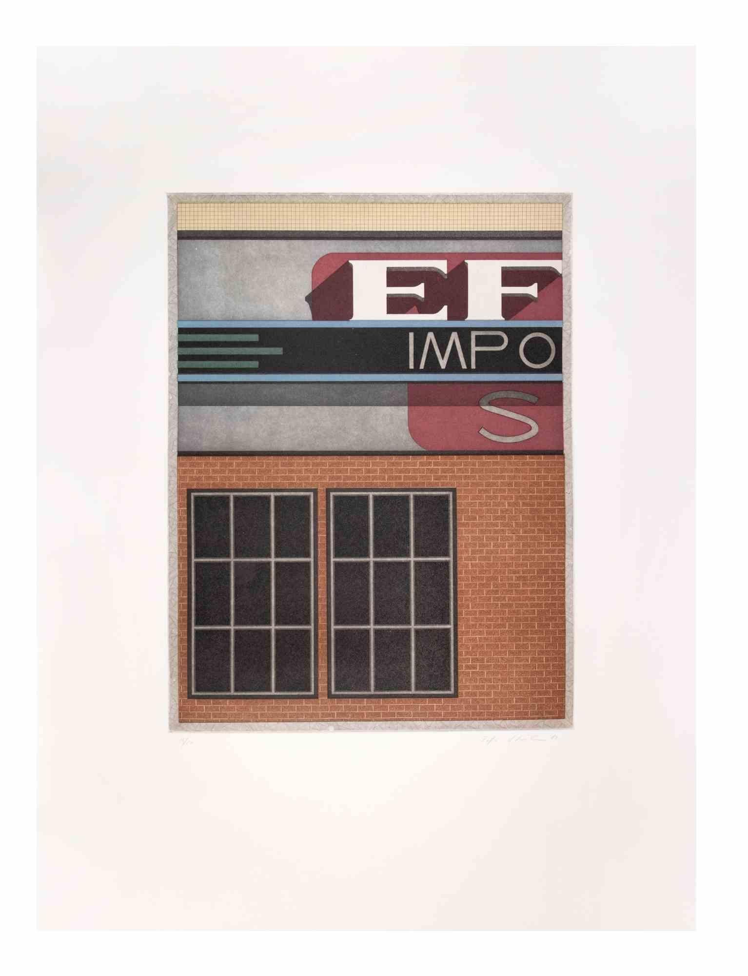 Garage Impo ist ein zeitgenössisches Kunstwerk des Künstlers Fifo Stricker aus dem Jahr 1982.

Gemischte farbige Aquatinta und Radierung. 