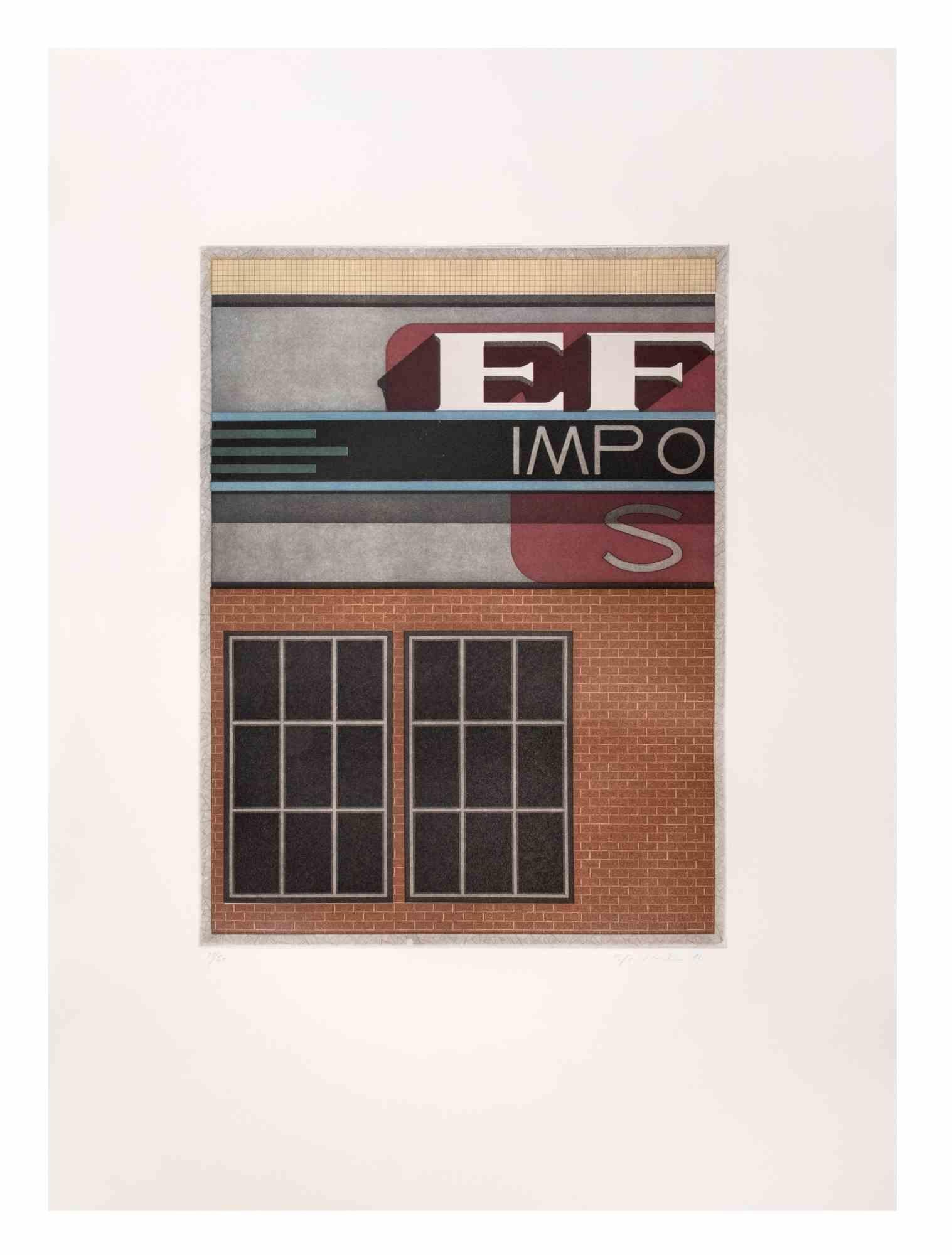Garage Impo is a contemporary artwork realized by the artist Fifo Stricker in 1982.

Mixed colored aquatint and etching. 

Hand signed and dated by the artist on the lower right margin.

Numbered on the lower left margin. Edition of 25/50.

Fifo