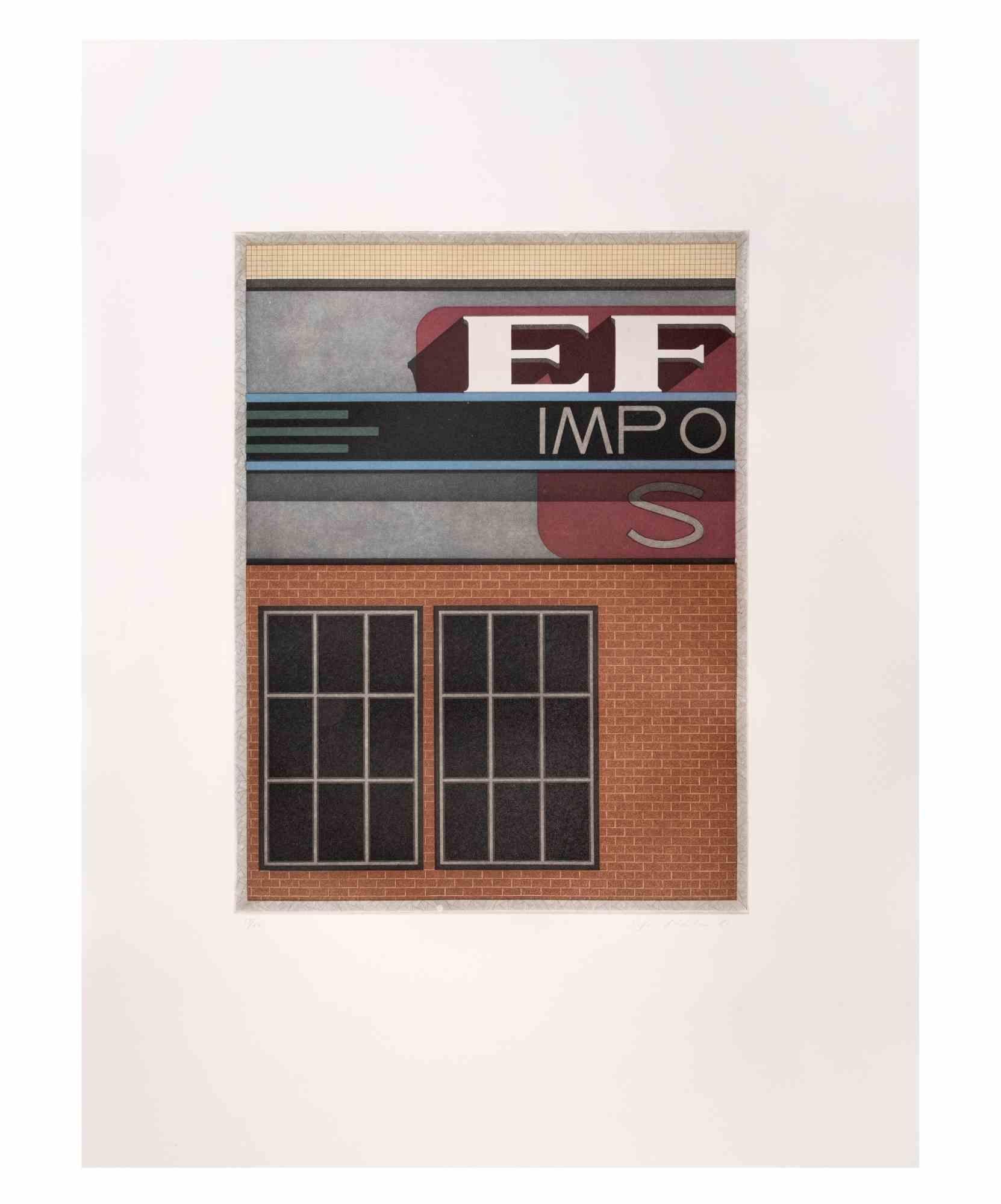 Garage Impo is a contemporary artwork realized by the artist Fifo Stricker in 1982.

Mixed colored aquatint and etching. 

Hand signed and dated by the artist on the lower right margin.

Numbered on the lower left margin. Edition of 29/50.

Fifo