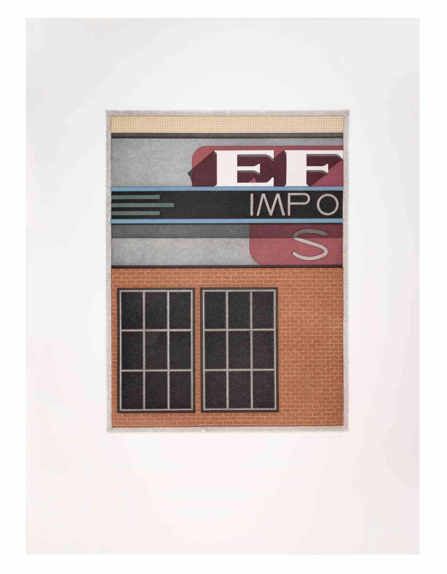 Garage Impo is a contemporary artwork realized by the artist Fifo Stricker in 1982.

Mixed colored aquatint and etching. 

Hand signed and dated by the artist on the lower right margin.

Numbered on the lower left margin. Edition of 10/50.

Fifo