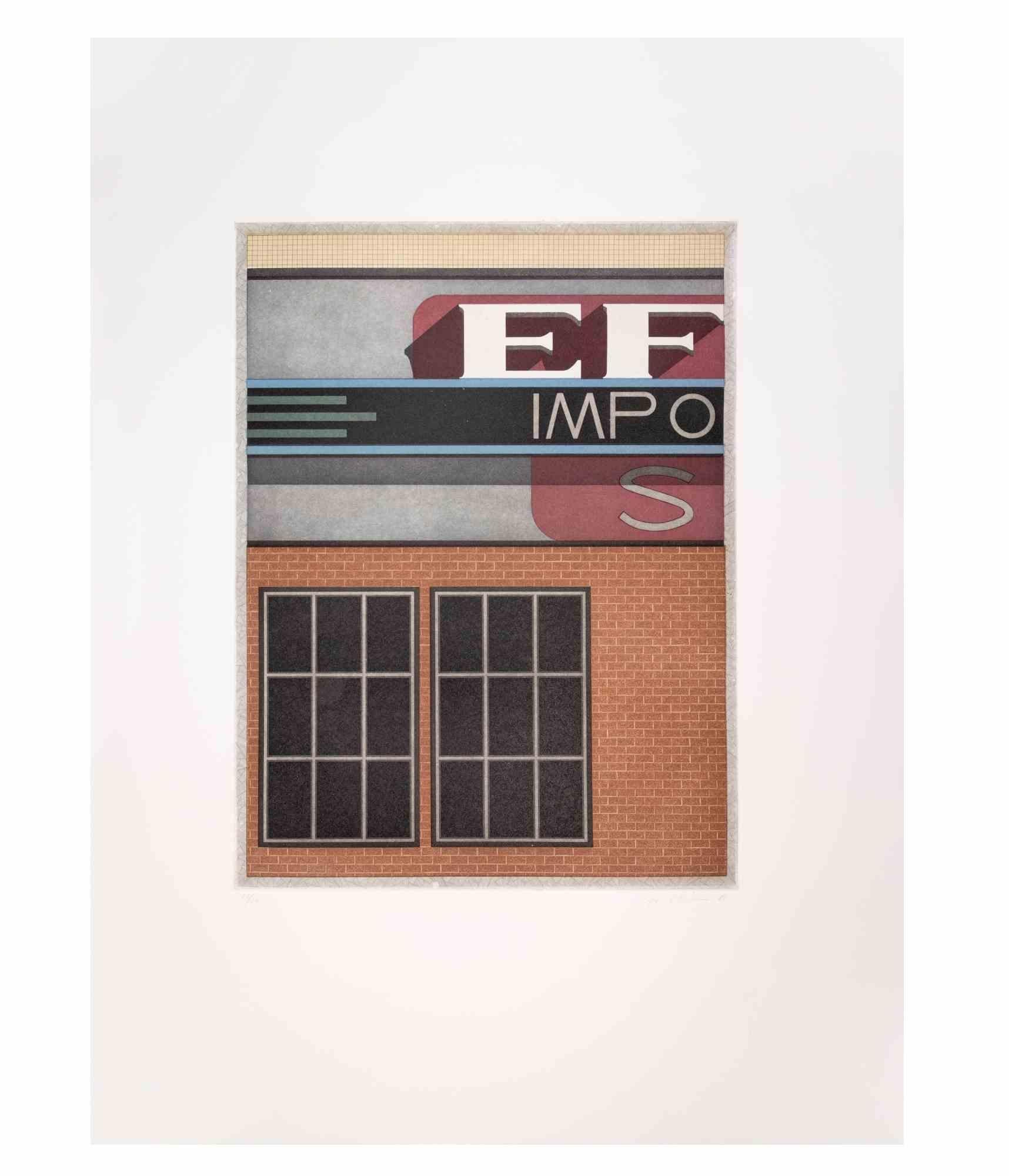 Garage Impo is a contemporary artwork realized by the artist Fifo Stricker in 1982.

Mixed colored aquatint and etching. 

Hand signed and dated by the artist on the lower right margin.

Numbered on the lower left margin. Edition of 23/50.

Fifo