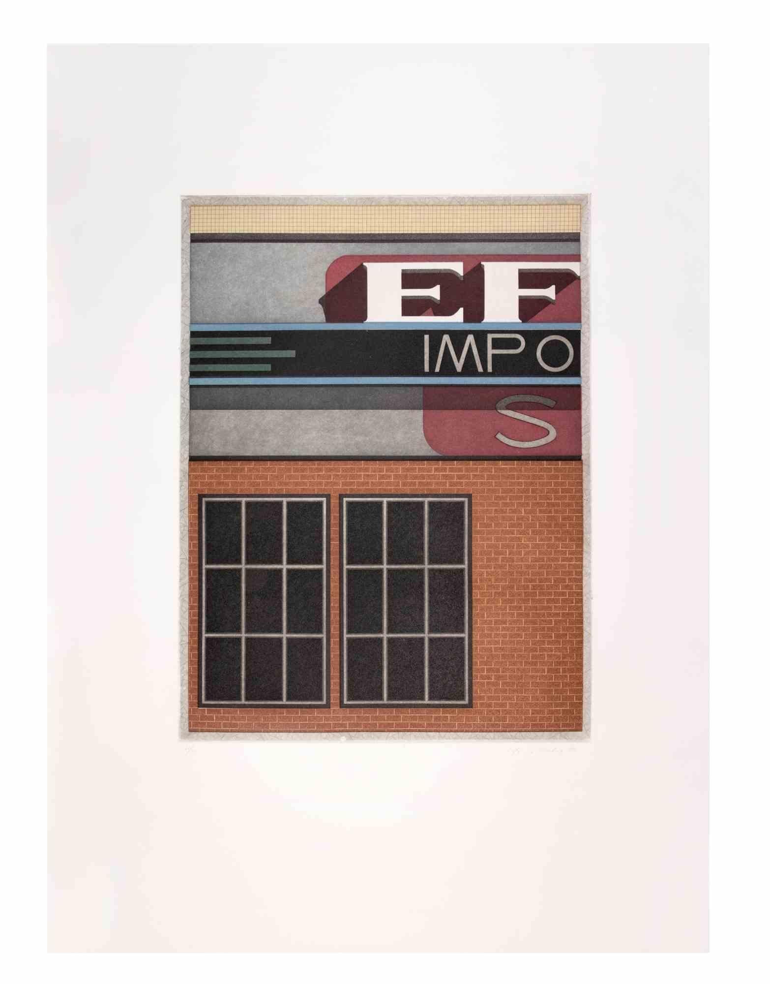 Garage Impo is a contemporary artwork realized by the artist Fifo Stricker in 1982.

Mixed colored aquatint and etching. 

Hand signed and dated by the artist on the lower right margin.

Numbered on the lower left margin. Edition of 22/50.

Fifo