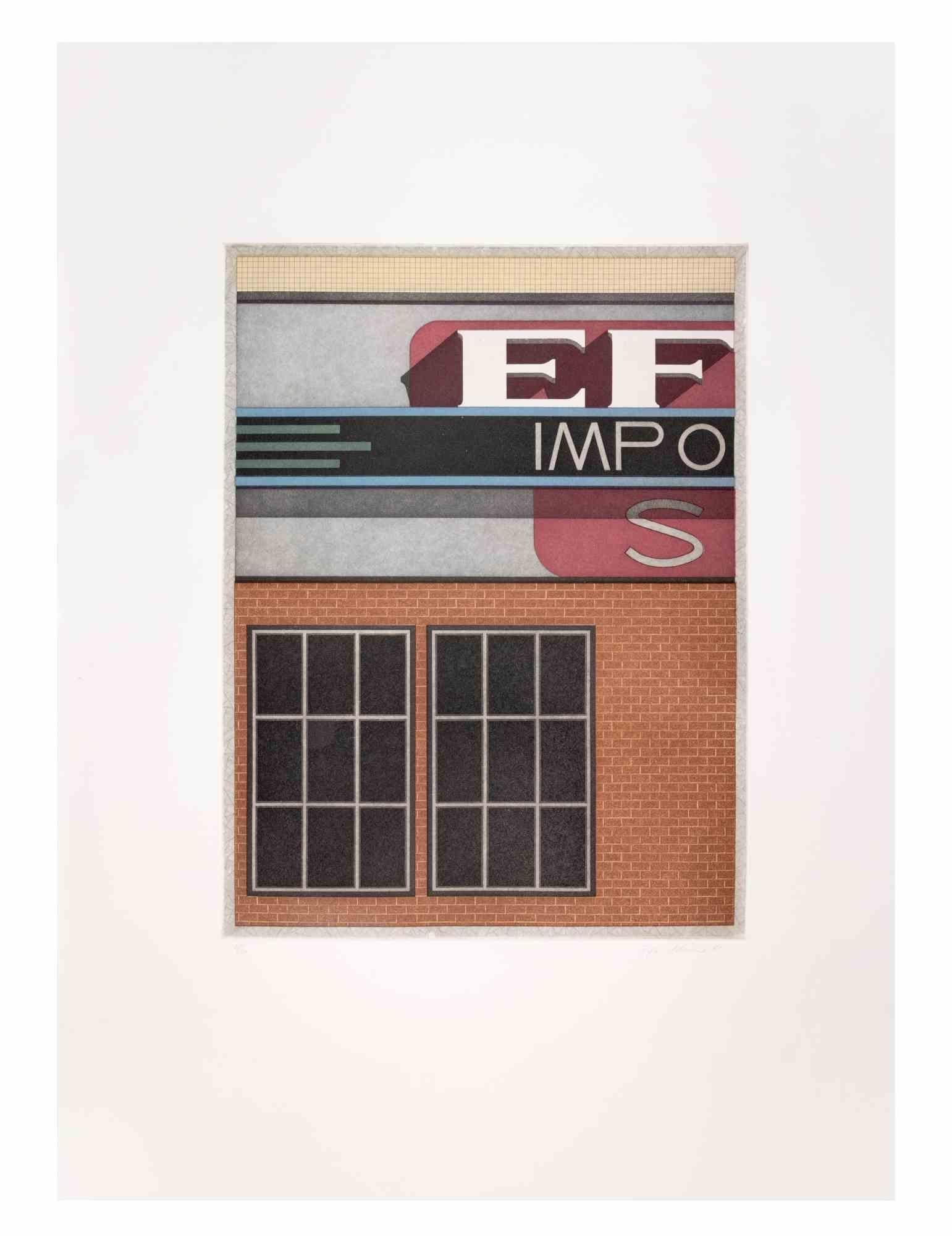 Garage Impo is a contemporary artwork realized by the artist Fifo Stricker in 1982.

Mixed colored aquatint and etching. 

Hand signed and dated by the artist on the lower right margin.

Numbered on the lower left margin. Edition of 21/50.

Fifo