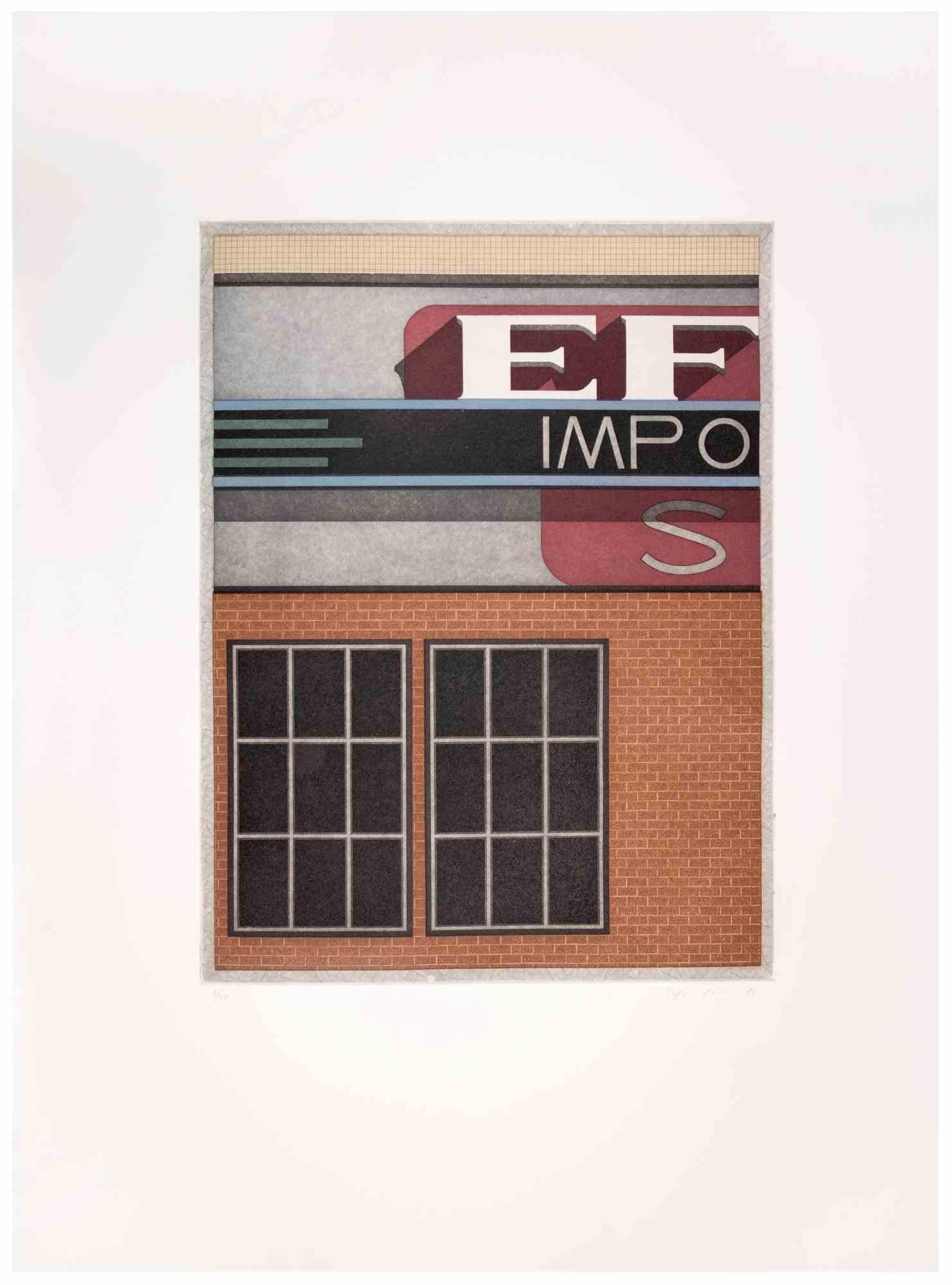 Garage Impo is a contemporary artwork realized by the artist Fifo Stricker in 1982.

Mixed colored aquatint and etching. 

Hand signed and dated by the artist on the lower right margin.

Numbered on the lower left margin. Edition of 12/50.

Fifo