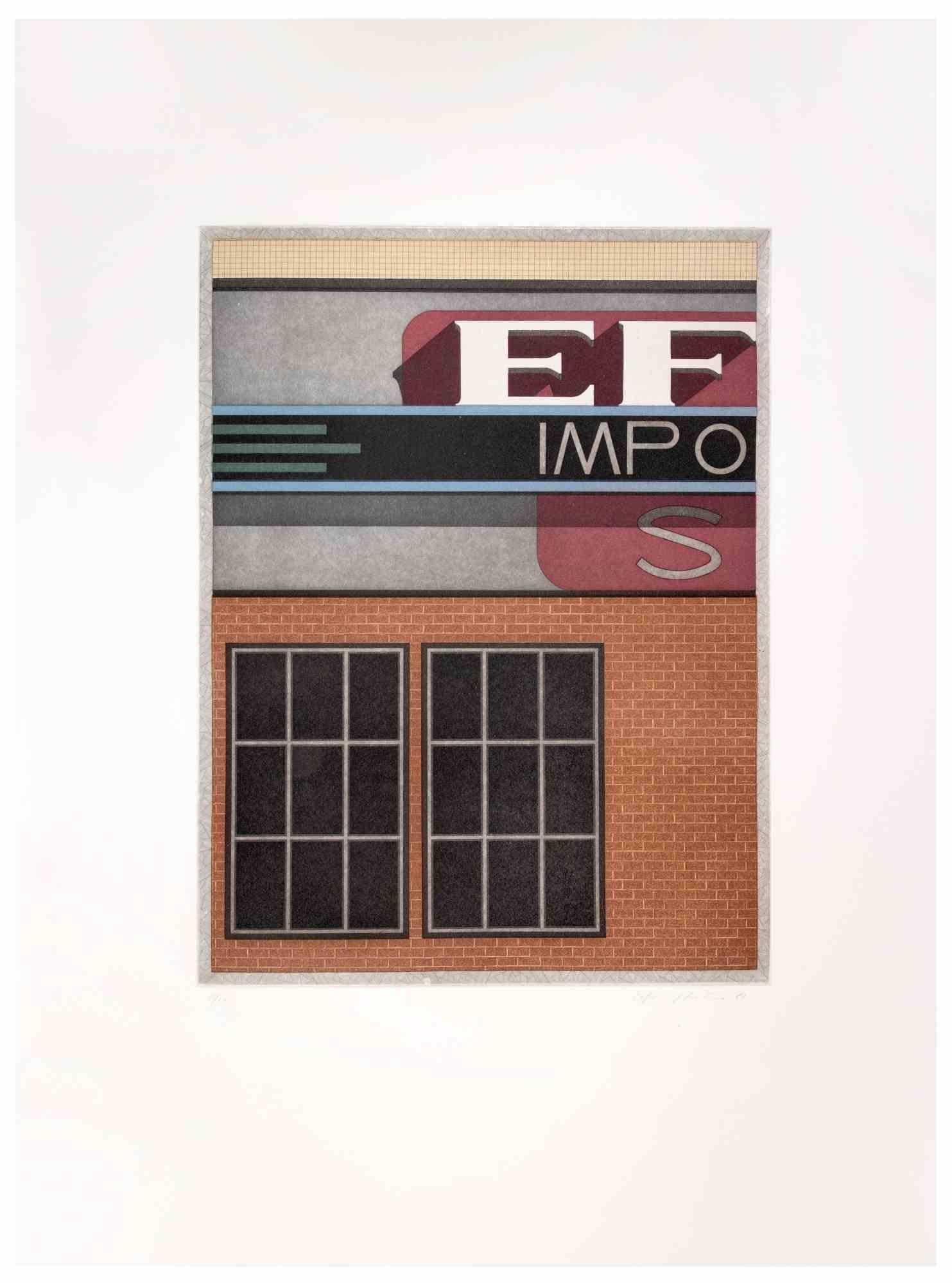 Garage Impo is a contemporary artwork realized by the artist Fifo Stricker in 1982.

Mixed colored aquatint and etching. 

Hand signed and dated by the artist on the lower right margin.

Numbered on the lower left margin. Edition of 15/50.

Fifo
