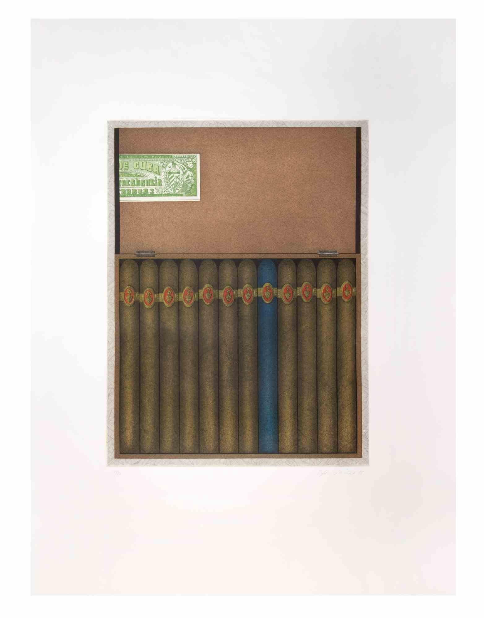 Le cigare bleu is a contemporary artwork realized by the artist Fifo Stricker in 1985.

Mixed colored aquatint and etching. 

Hand signed and dated by the artist on the lower right margin.

Numbered on the lower left margin. Edition of 33/50.

Fifo
