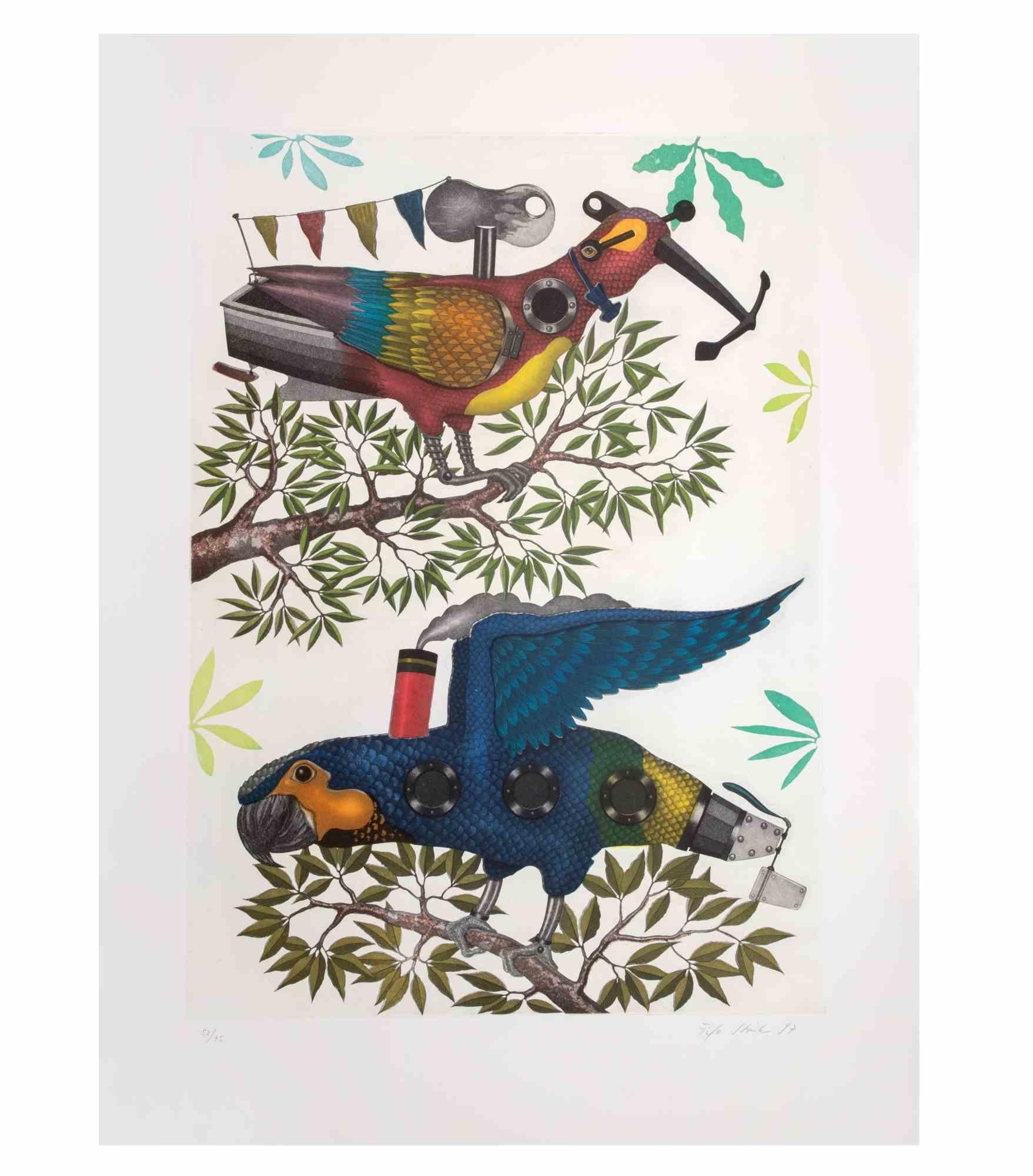 Mechanical Parrots is a contemporary artwork realized by the artist Fifo Stricker in 1997.

Mixed colored aquatint and etching. 

Hand signed and dated by the artist on the lower right margin.

Numbered on the lower left margin. Edition of