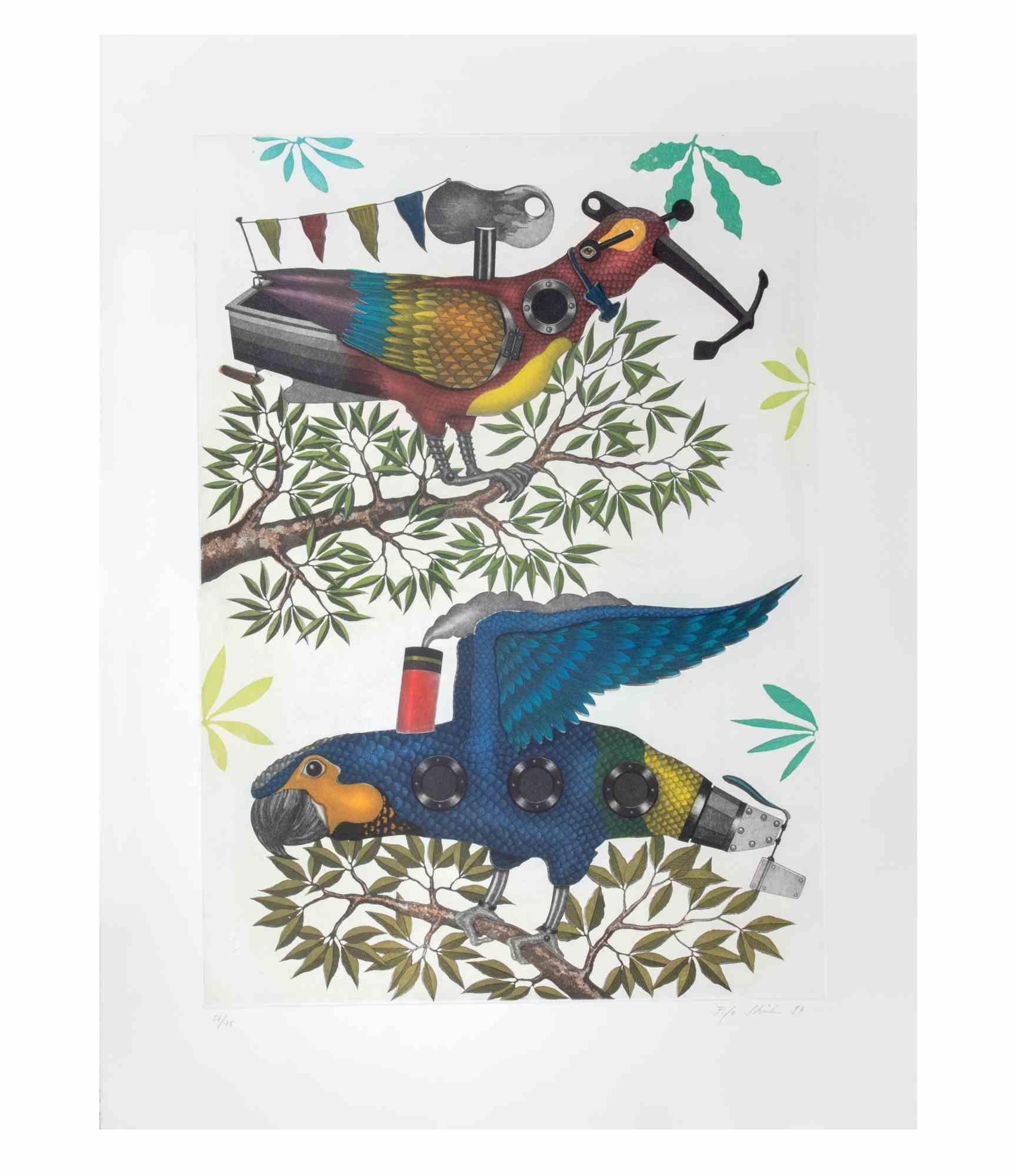 Mechanical Parrots ist ein zeitgenössisches Kunstwerk des Künstlers Fifo Stricker aus dem Jahr 1997.

Gemischte farbige Aquatinta und Radierung. 

Vom Künstler am rechten unteren Rand handsigniert und datiert.

Am linken unteren Rand nummeriert.