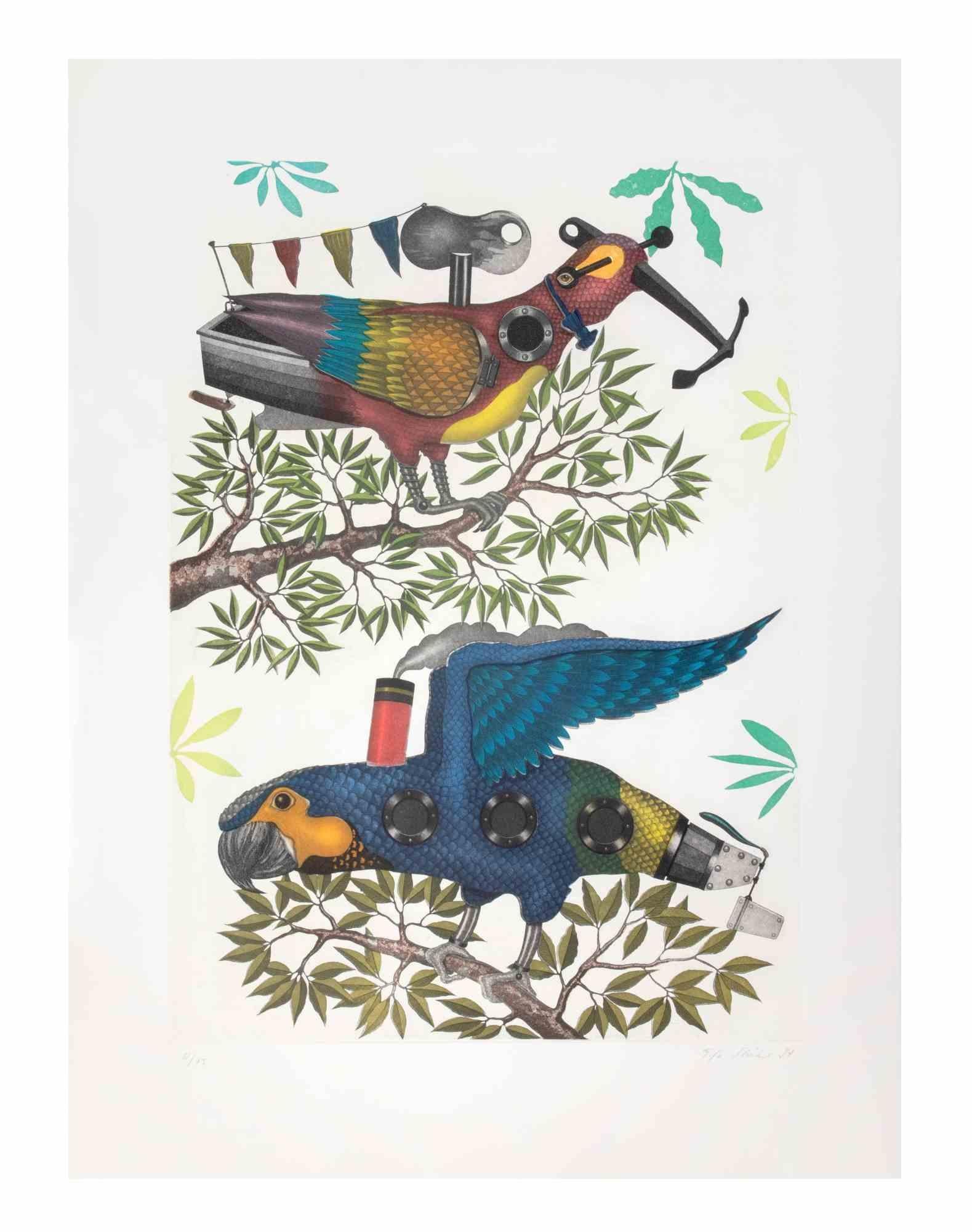 Mechanical Parrots is a contemporary artwork realized by the artist Fifo Stricker in 1997.

Mixed colored aquatint and etching. 

Hand signed and dated by the artist on the lower right margin.

Numbered on the lower left margin. Edition of