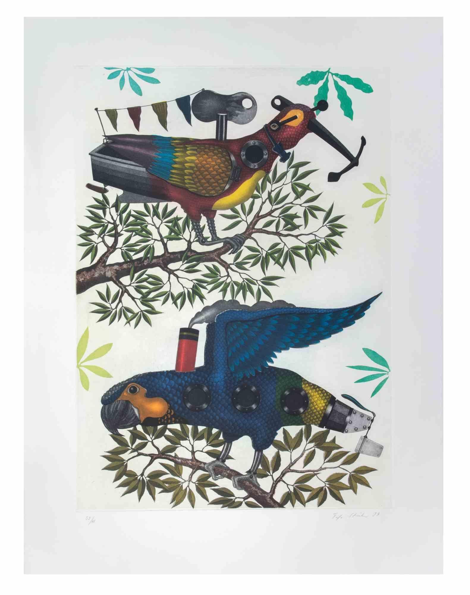 Parrots is a contemporary artwork realized by the artist Fifo Stricker in 1997.

Mixed colored aquatint and etching. 

Hand signed and dated by the artist on the lower right margin.

Numbered on the lower left margin. Edition of 59/75

Fifo Stricker