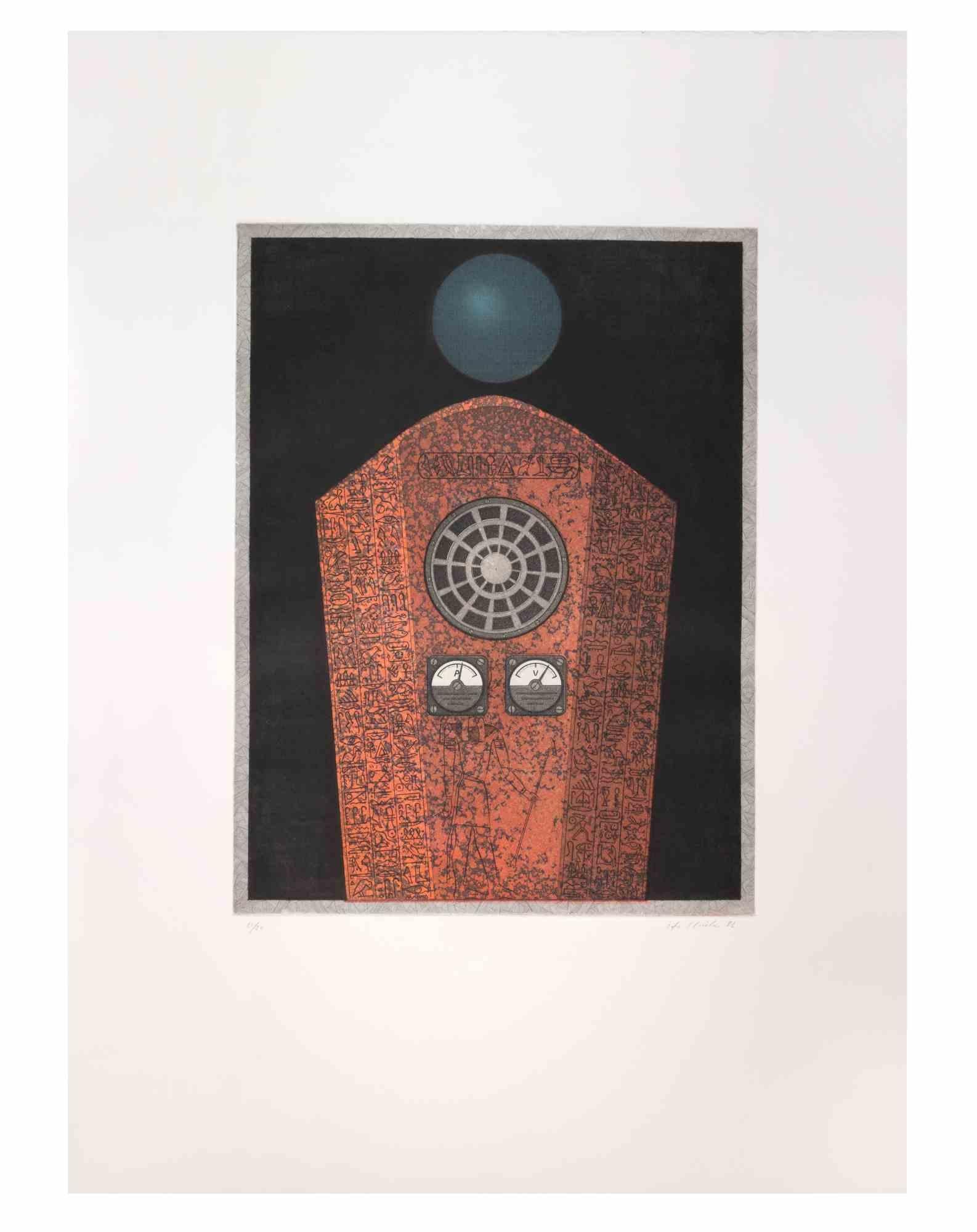 Radio Caire is a contemporary artwork realized by the artist Fifo Stricker in 1982.

Mixed colored aquatint and etching. 

Hand signed and dated by the artist on the lower right margin.

Numbered on the lower left margin. Edition of 22/50.

Fifo