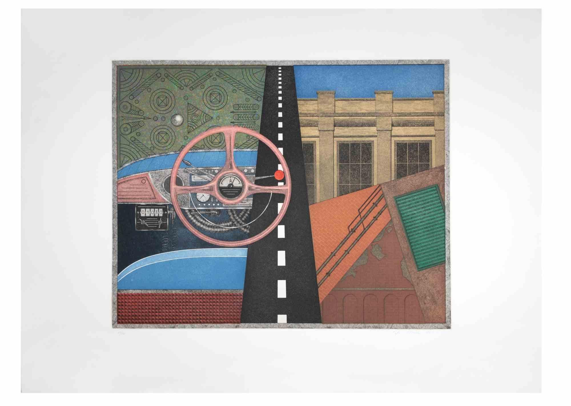 Taxi: steering wheel is a contemporary artwork realized by the artist Fifo Stricker in 1982.

Mixed colored aquatint and etching. 

Hand signed and dated by the artist on the lower right margin.

Numbered on the lower left margin. Edition of