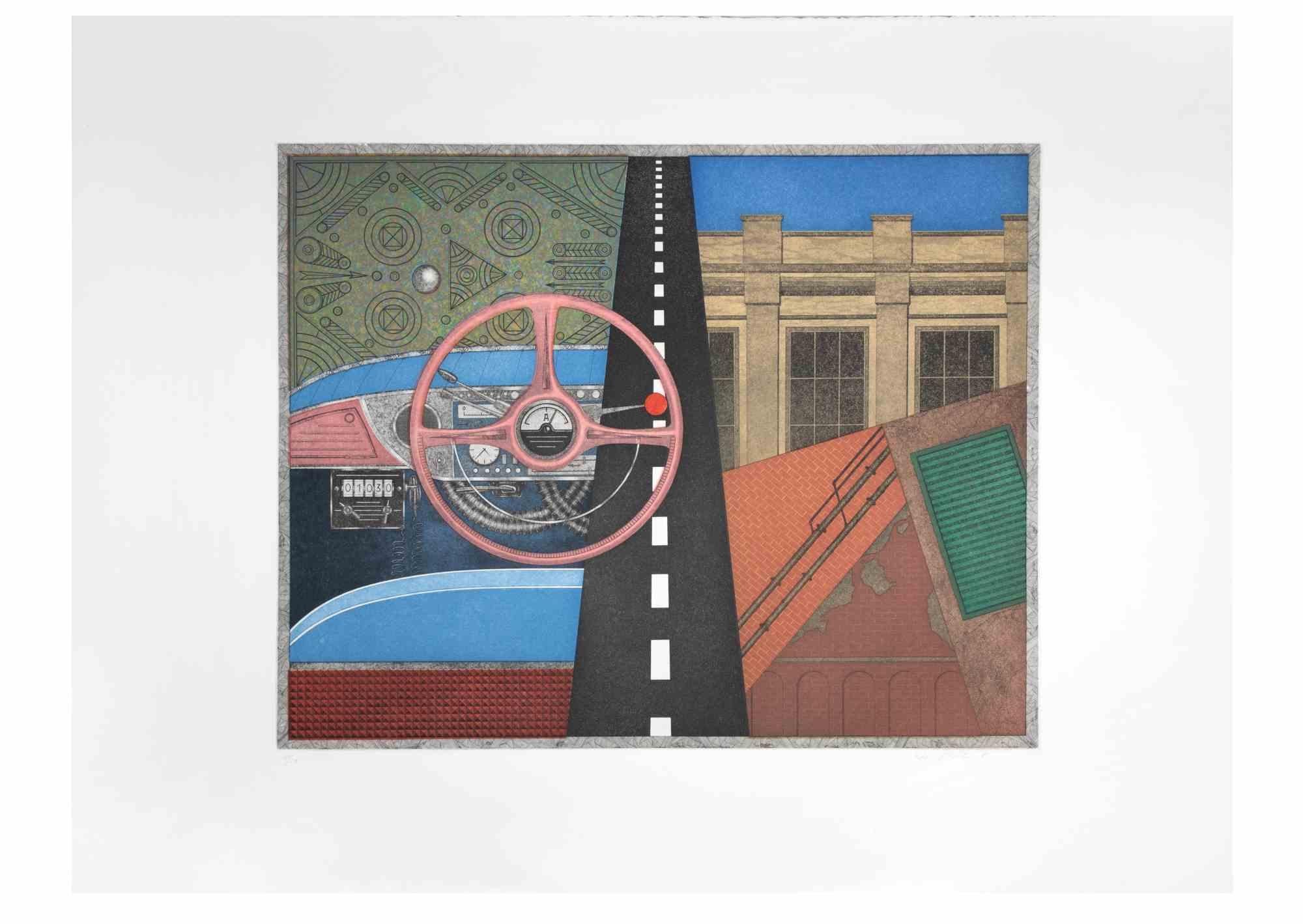 Taxi: steering wheel is a contemporary artwork realized by the artist Fifo Stricker in 1982.

Mixed colored aquatint and etching. 

Hand signed and dated by the artist on the lower right margin.

Numbered on the lower left margin. Edition of