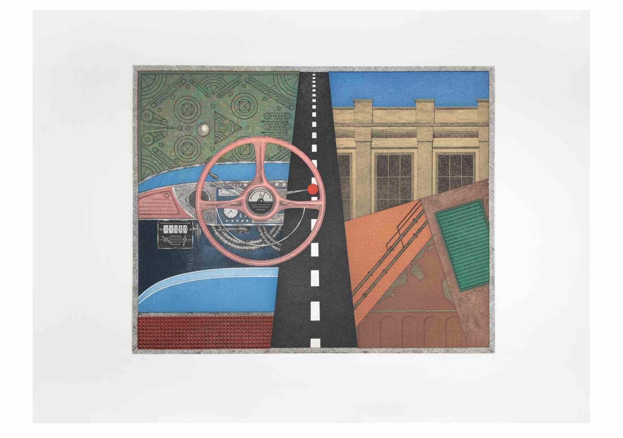 Taxi: steering wheel is a contemporary artwork realized by the artist Fifo Stricker in 1982.   

Mixed colored aquatint and etching.    

Hand signed and dated by the artist on the lower right margin.   

Numbered on the lower left margin. Edition