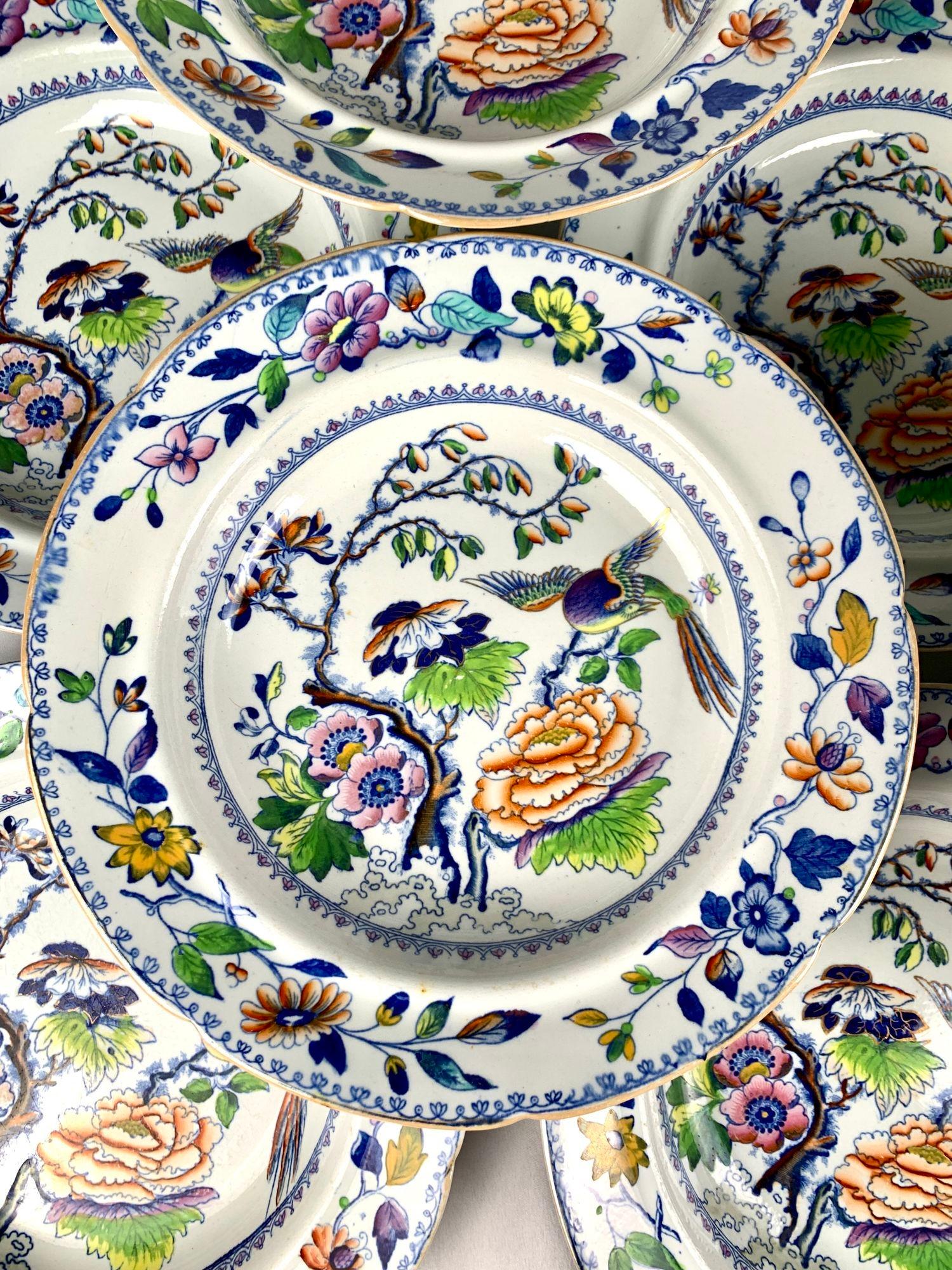 Chinoiserie Fifteen Flying Bird Soup or Pasta Dishes Made by Davenport England Circa For Sale