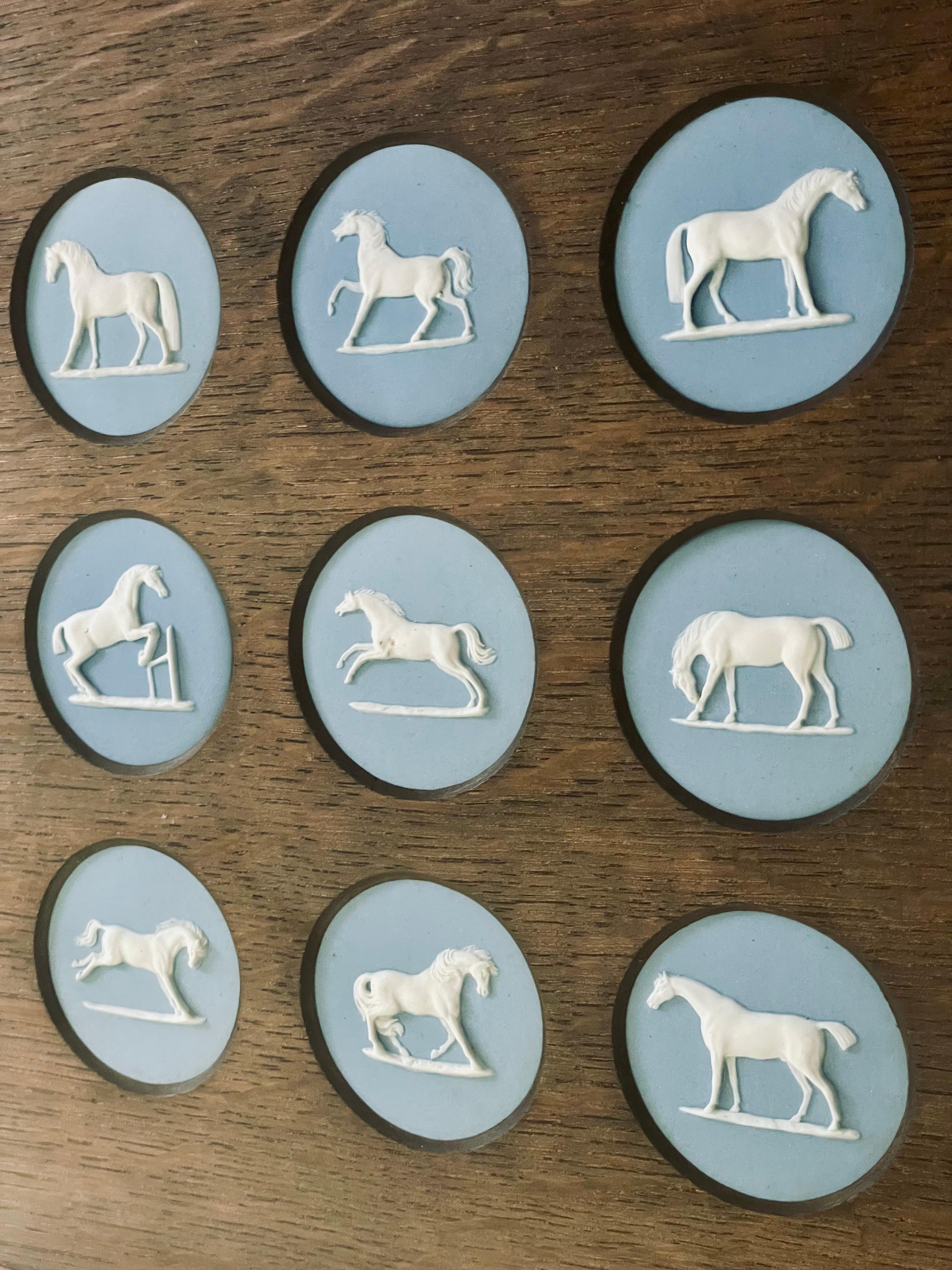 Set di quindici medaglioni di cavallo in gres blu diaspro con cornice di Wedgwood dopo Stubbs In condizioni buone in vendita a Asheville, NC