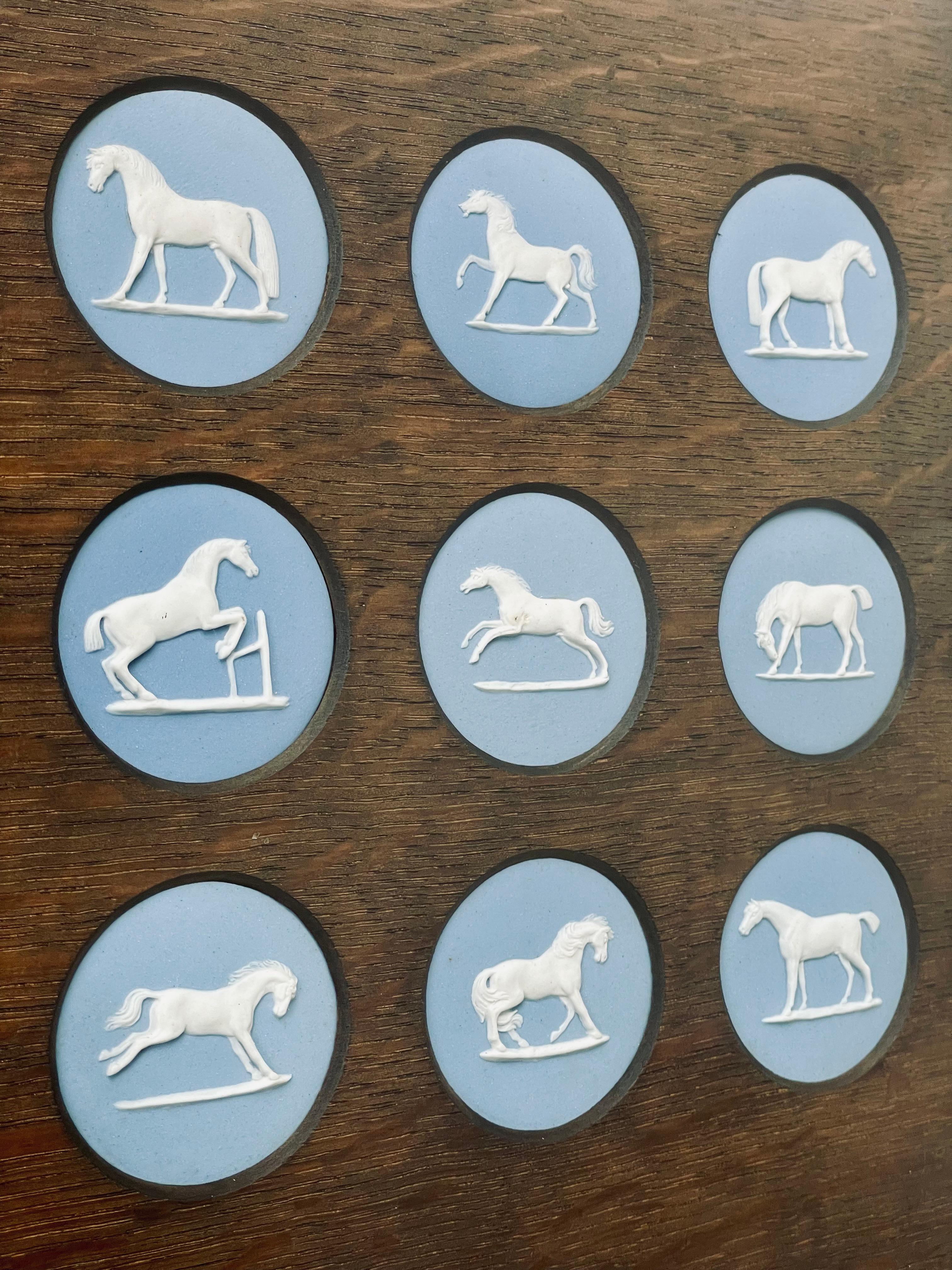 Inizio XX secolo Set di quindici medaglioni di cavallo in gres blu diaspro con cornice di Wedgwood dopo Stubbs in vendita