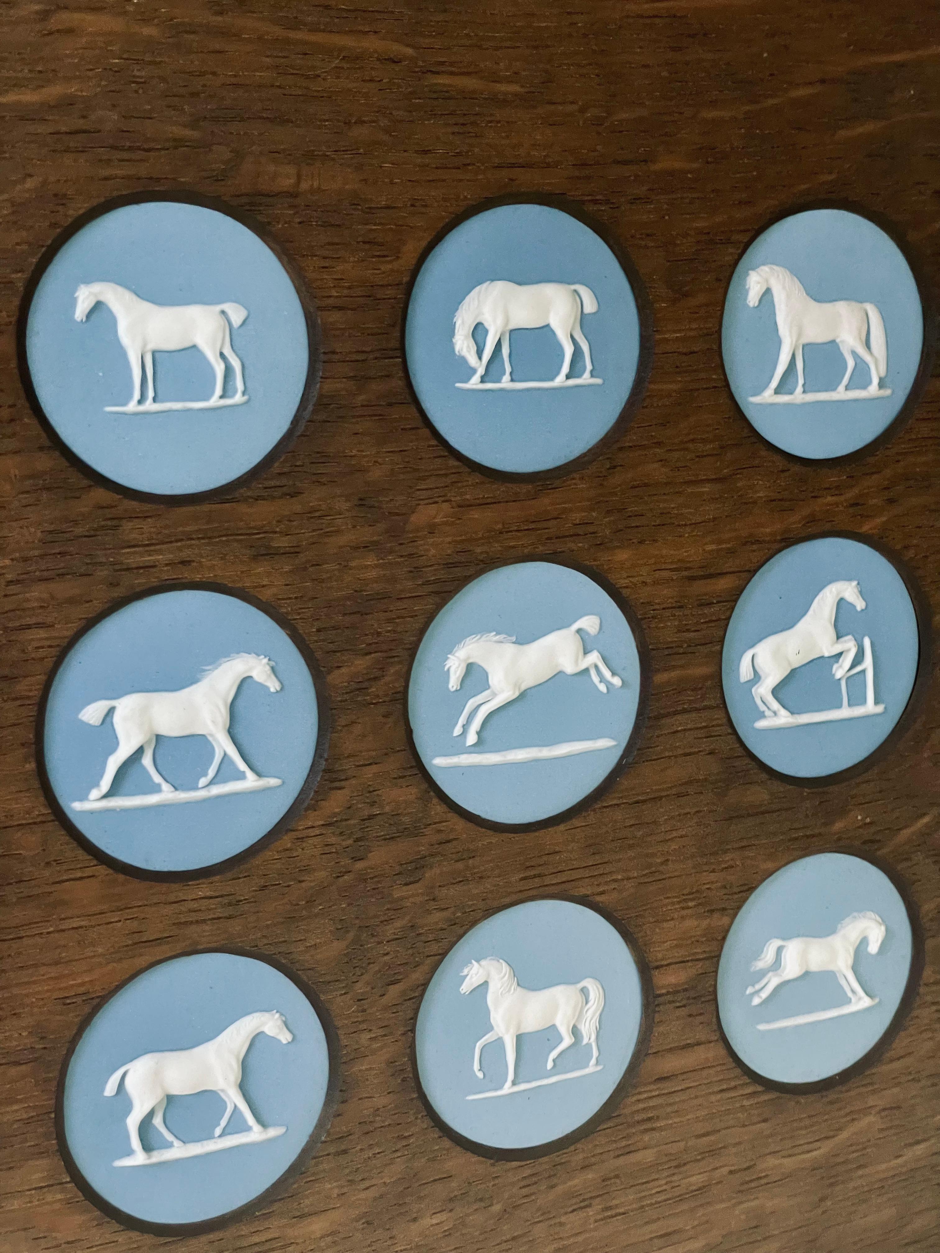 Grès porcellanato Set di quindici medaglioni di cavallo in gres blu diaspro con cornice di Wedgwood dopo Stubbs in vendita